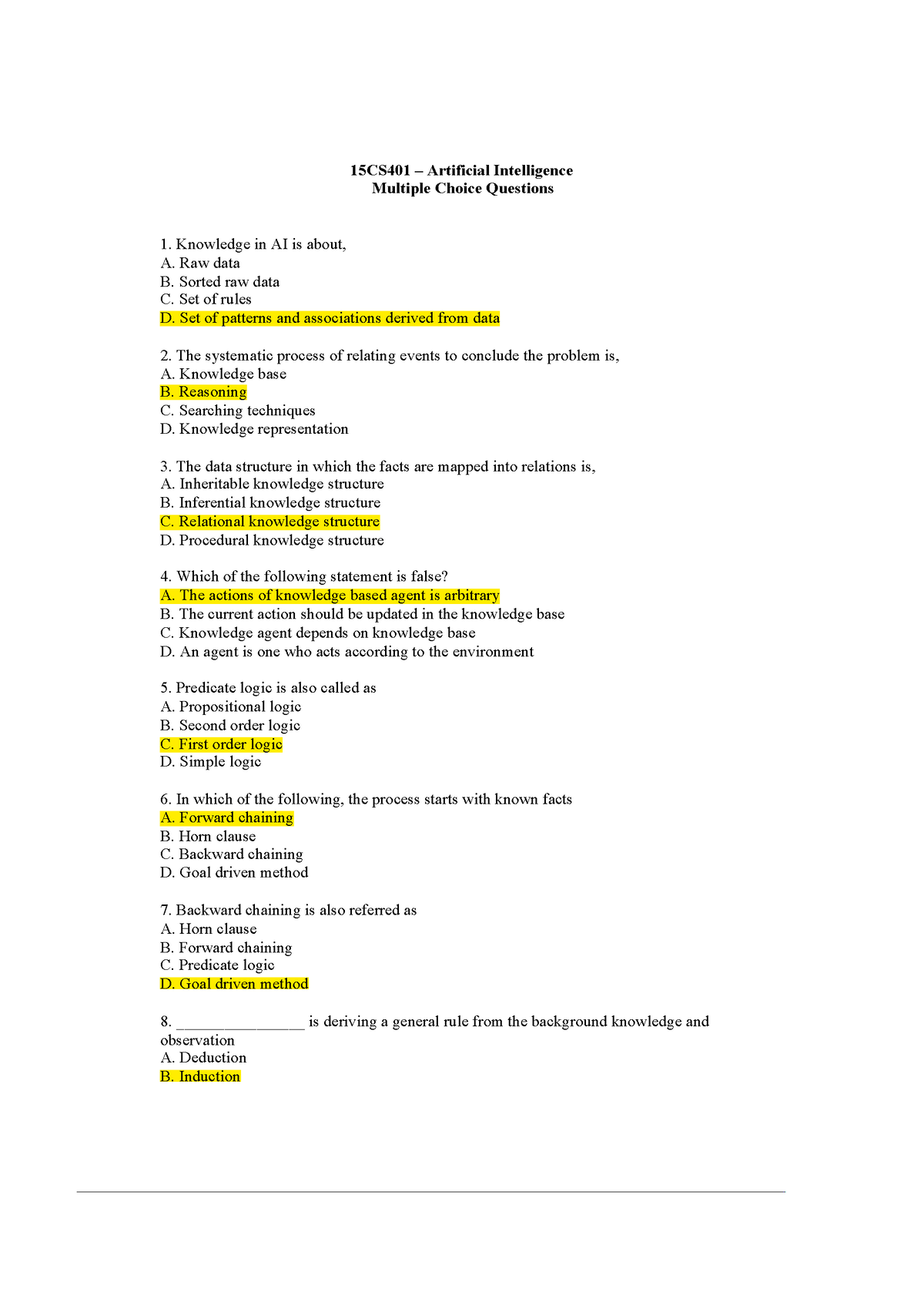 Unit III MCQ Only - Cse Notes - 15CS401 – Artificial Intelligence ...