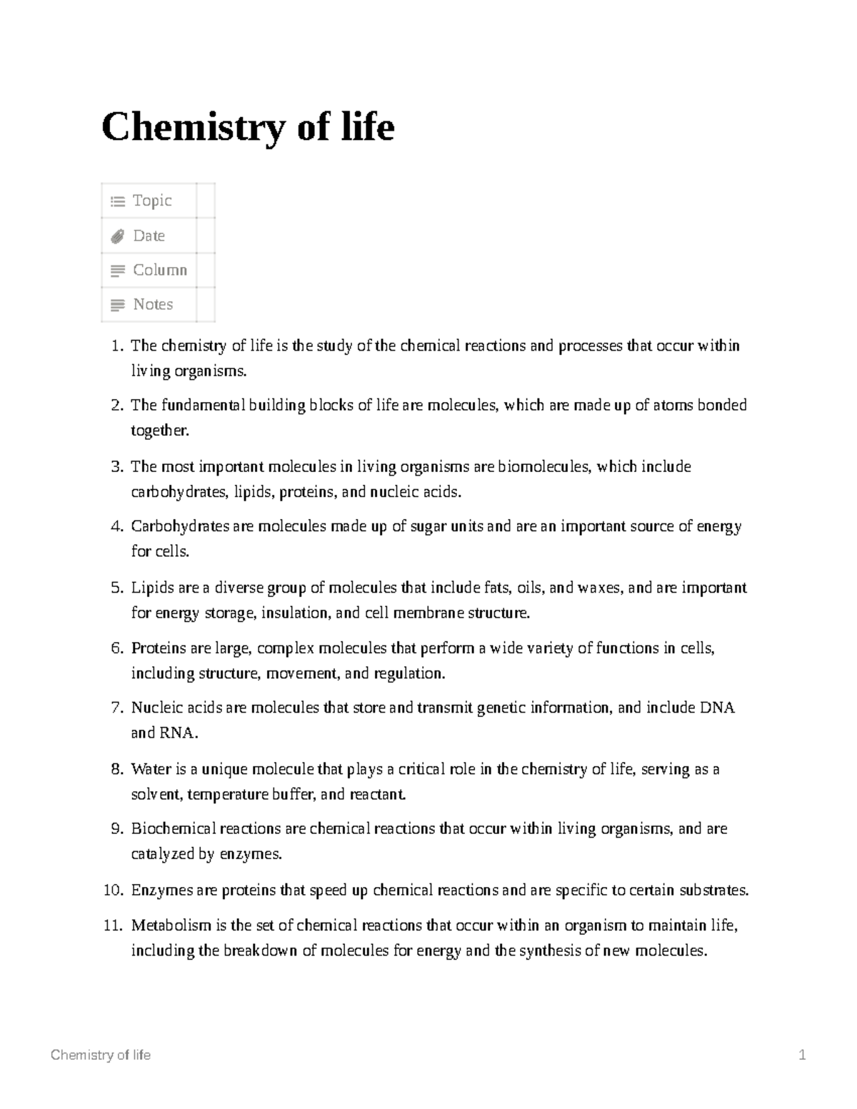 Chemistry of life good luck Chemistry of life Topic Date Column