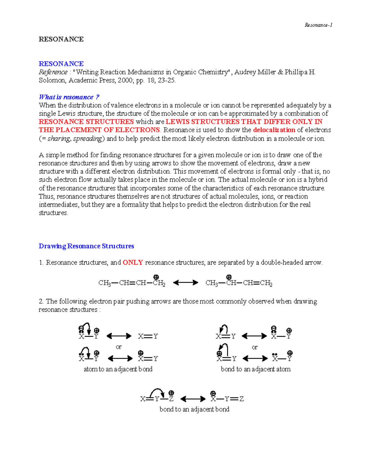3Resonance Notes RESONANCE RESONANCE Reference "Writing Reaction