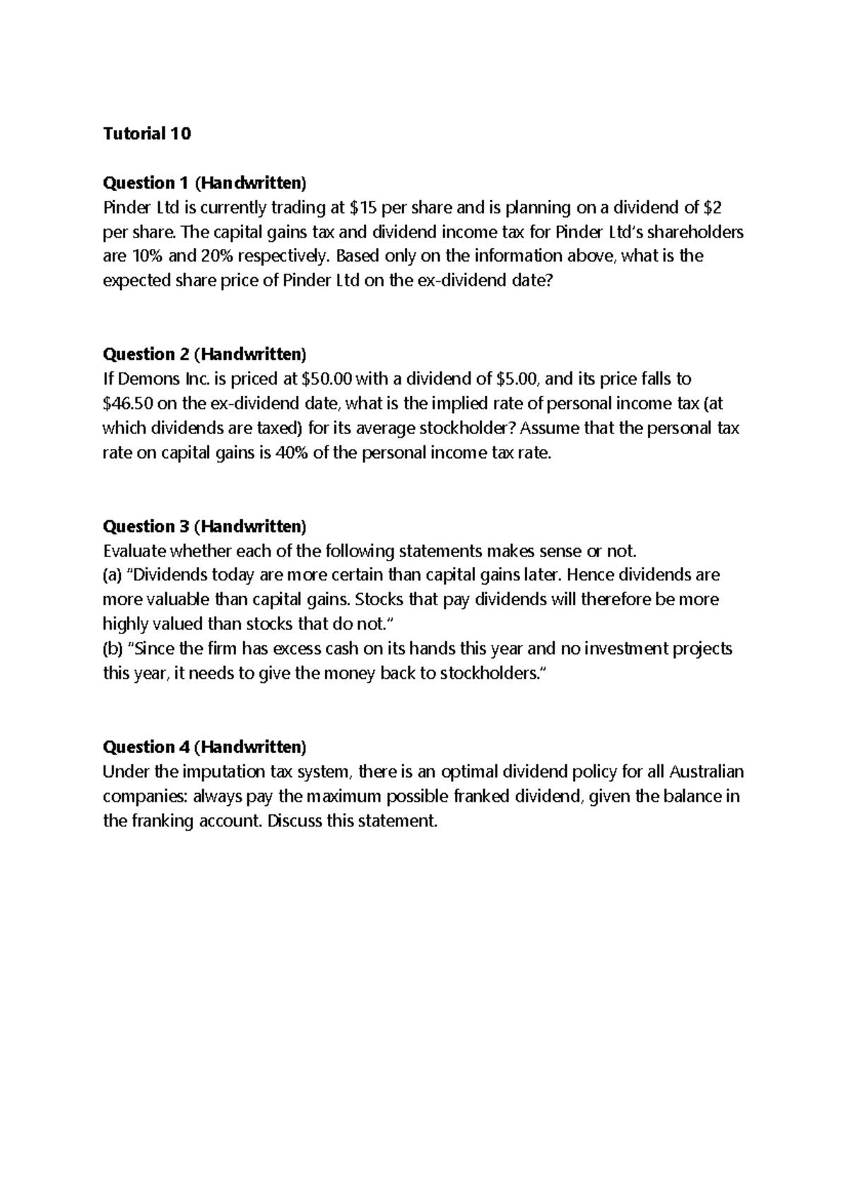 Tutorial 10 - practice materials - Tutorial 10 Question 1 (Handwritten ...