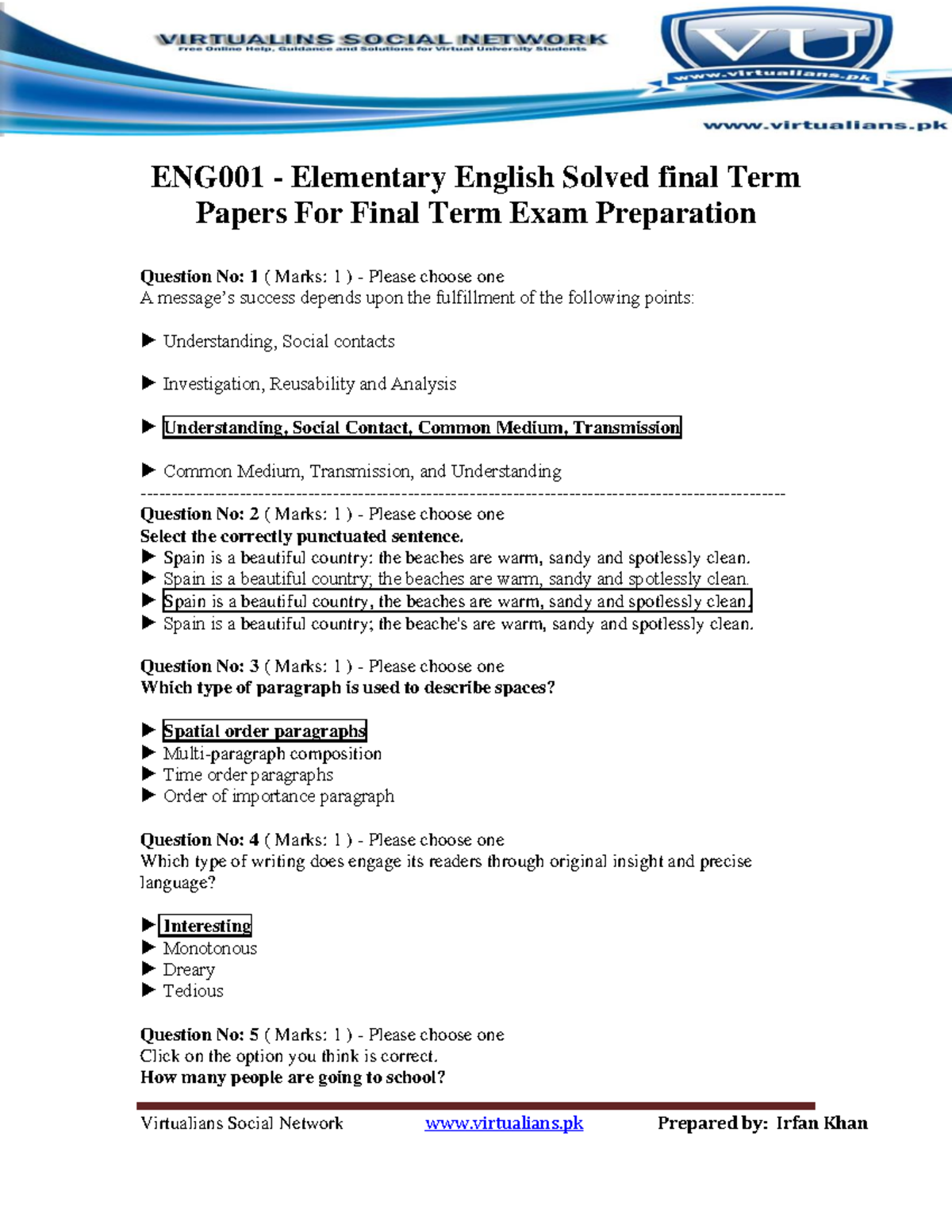 ENG 001 Elementary English Solvedfinal Term Papers For Final Term Exam ...