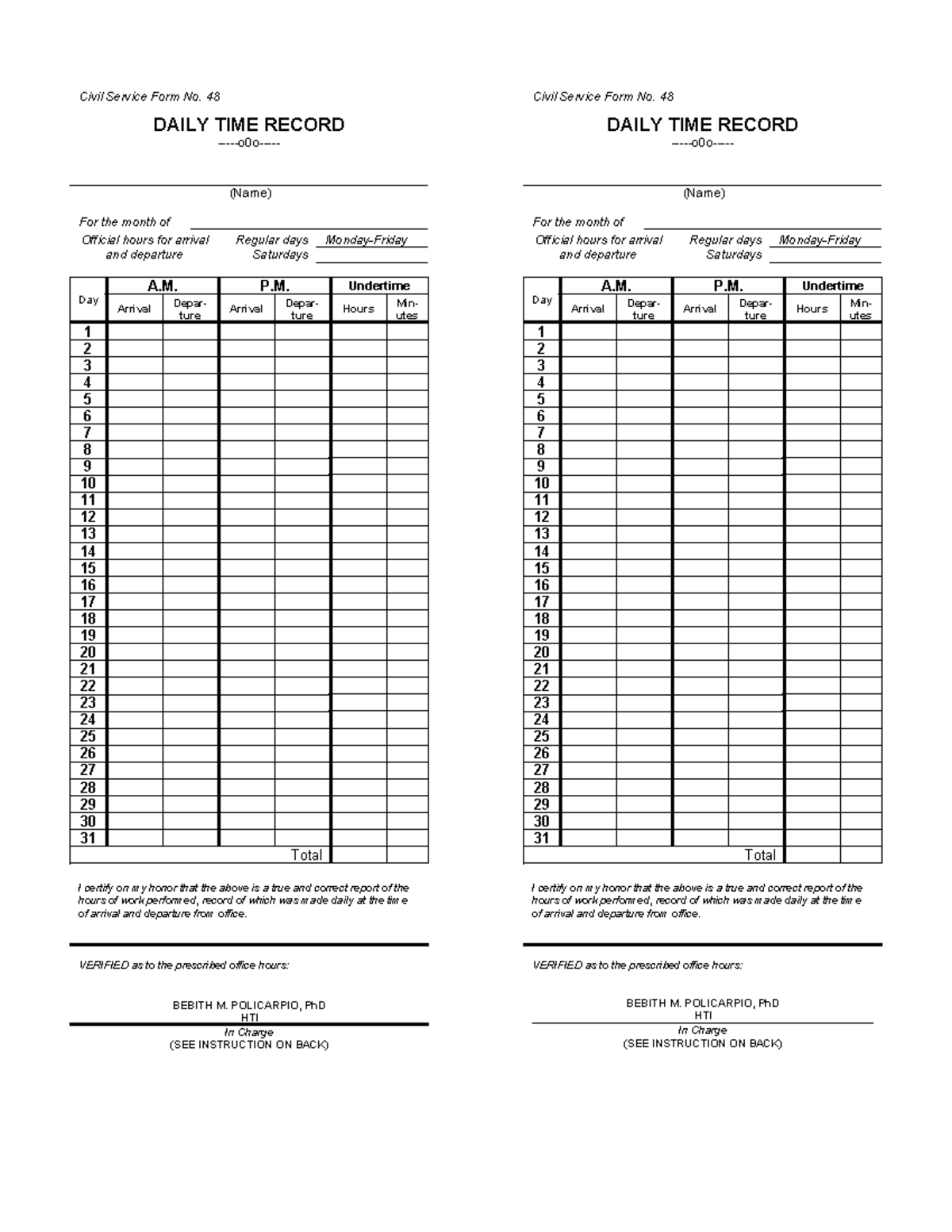 DTR-Format-blank - Civil Service Form No. 48 DAILY TIME RECORD -o0o ...