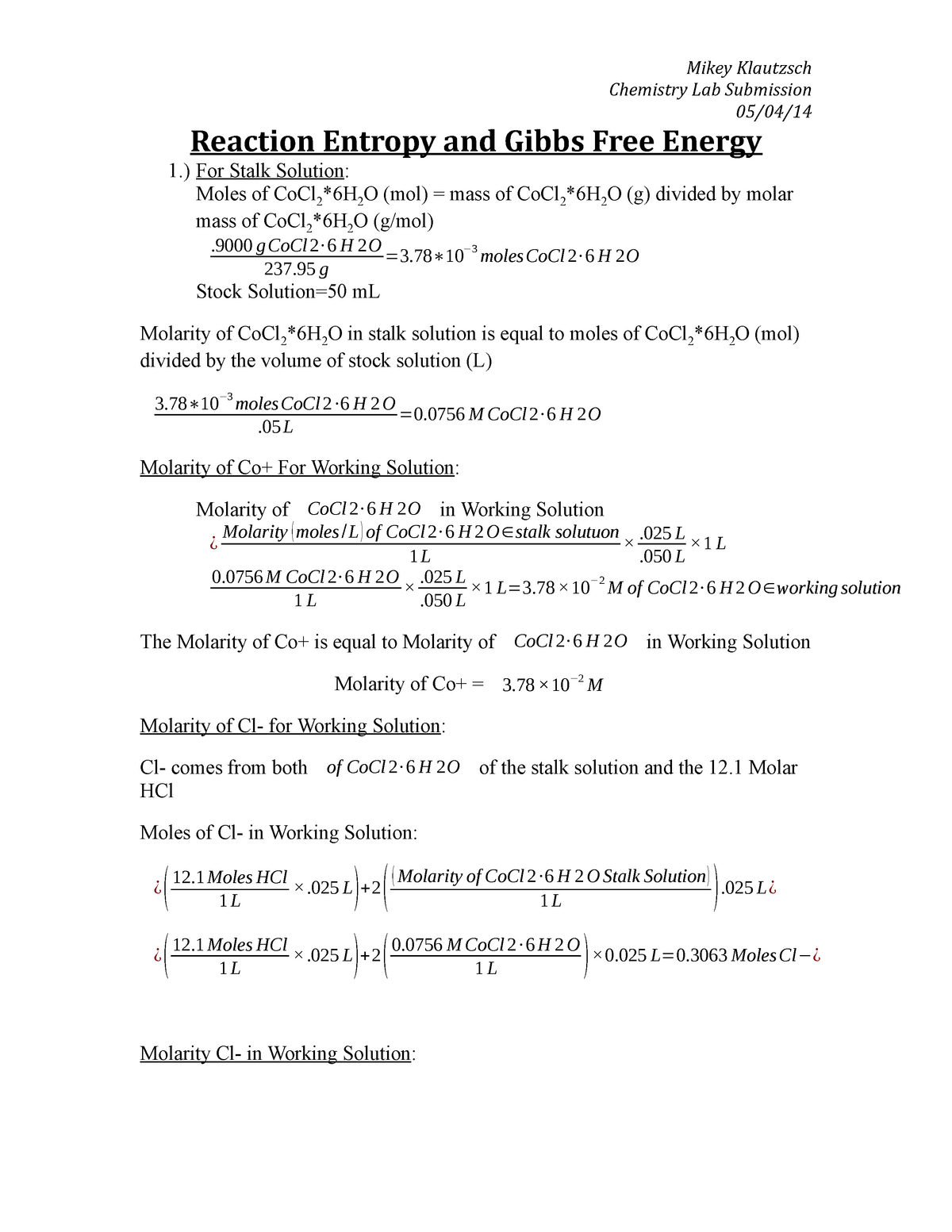 Reaction Entropy And Gibbs Free Energy Lab Submission Chemistry Lab 