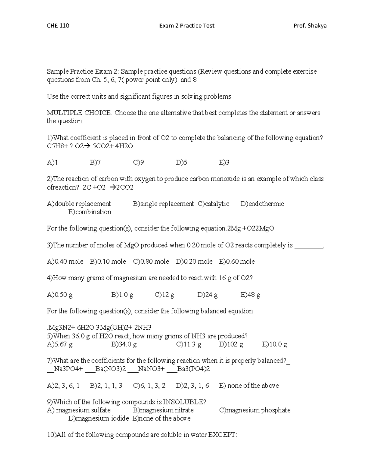 Exam 2 Practice test - Sharmila Shakya - CHE 110 Exam 2 Practice Test ...