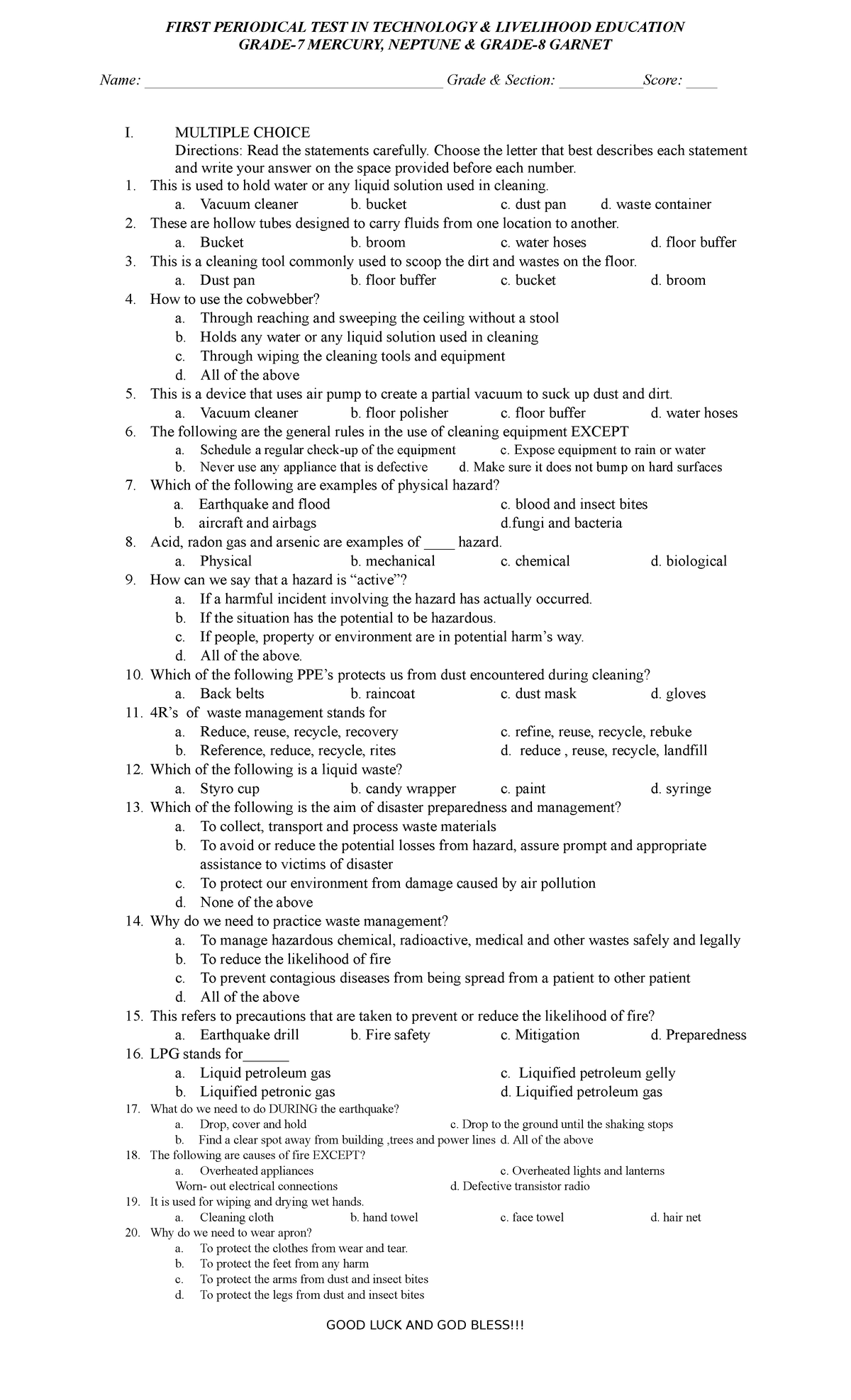 First Periodical TEST IN Technology SY2018 2019 - FIRST PERIODICAL TEST ...