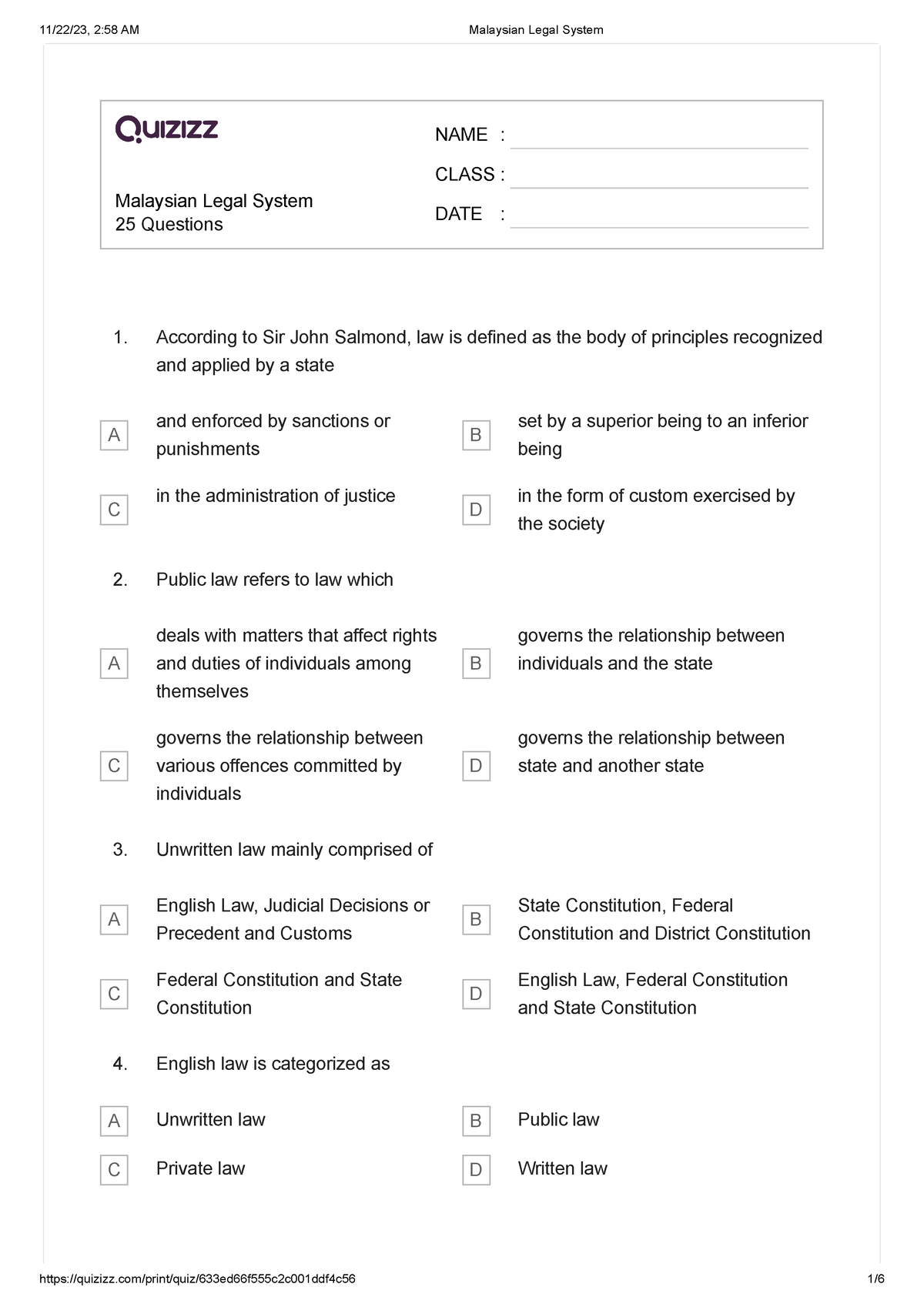 Malaysian Legal System 1 - Malaysian Legal System 25 Questions NAME ...