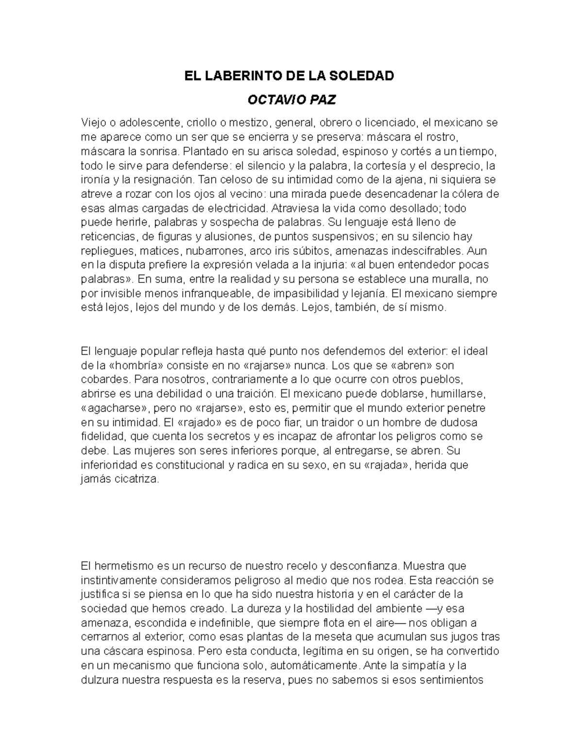 El Laberinto de la Soledad fragmento OCTAVIO PAZ EL LABERINTO DE LA SOLEDAD OCTAVIO PAZ Viejo