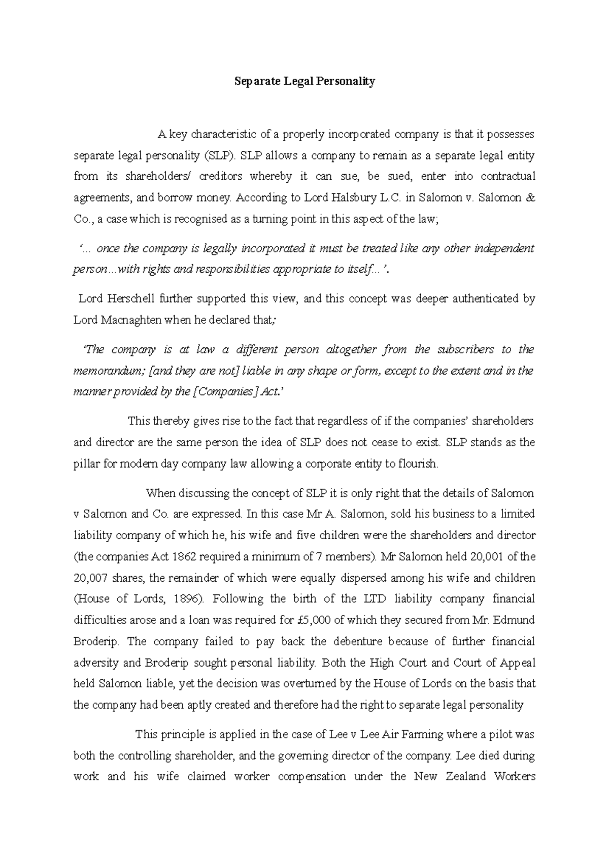 Separate Legal Personality SLP allows a company to remain as a