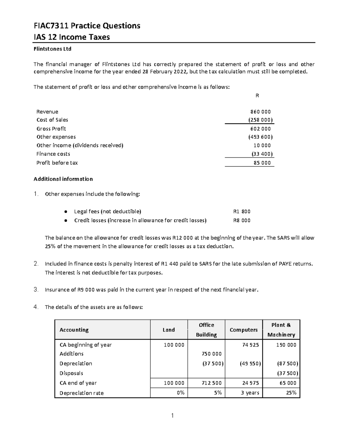 IAS 12 Flintstones Ltd - Practice Question - FIAC7311 Practice ...