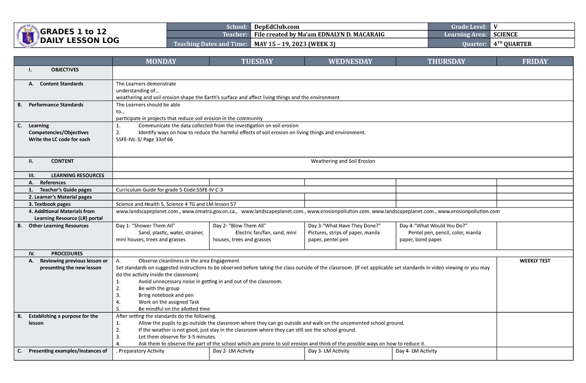 DLL Science 5 Q4 W3 - AlkjaM - GRADES 1 to 12 DAILY LESSON LOG School ...