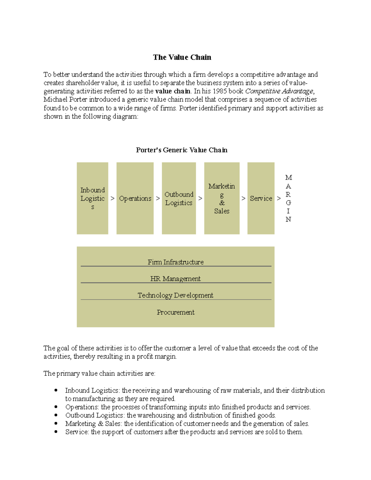 The Value Chain In his 1985 book Competitive Advantage, Michael
