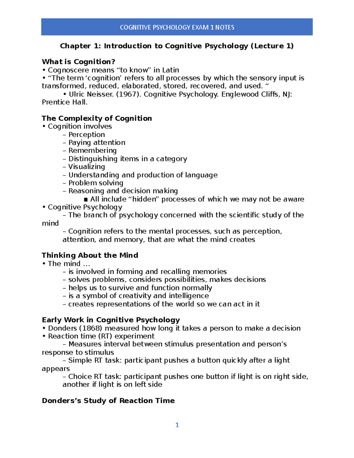 Chapter 1- Introduction To Cognitive Psychology (Lecture 1) - “ Ulric ...