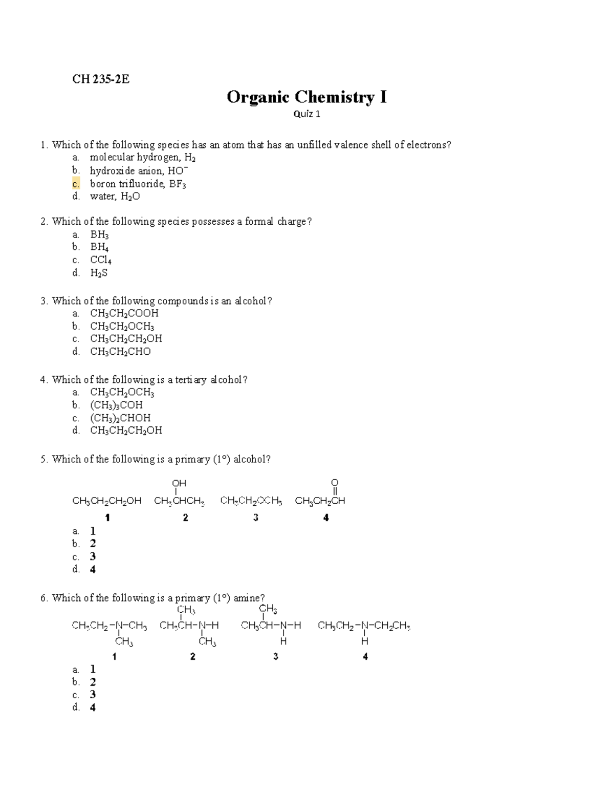 Chapter 1-Quiz - Orgo 1 - CH 235-2E Organic Chemistry I Quiz 1 Which Of ...