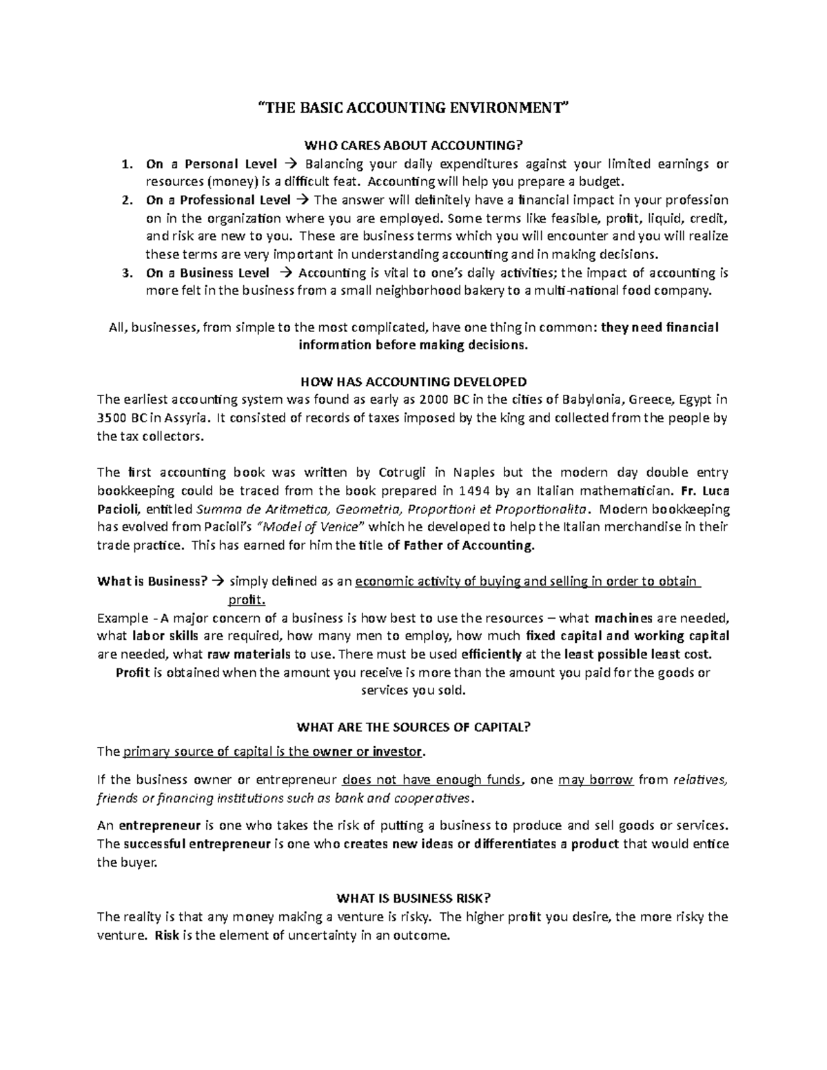 World Of Accounting Lessons - “THE BASIC ACCOUNTING ENVIRONMENT” WHO ...