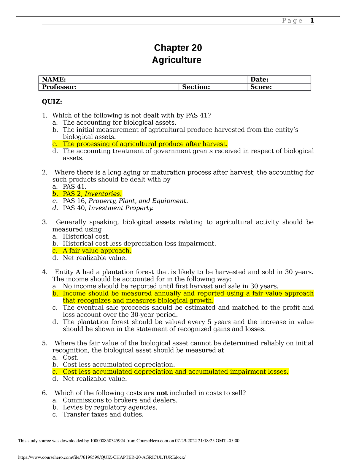 Quiz 1 Cacca All A All Daac, PDF, Agriculture