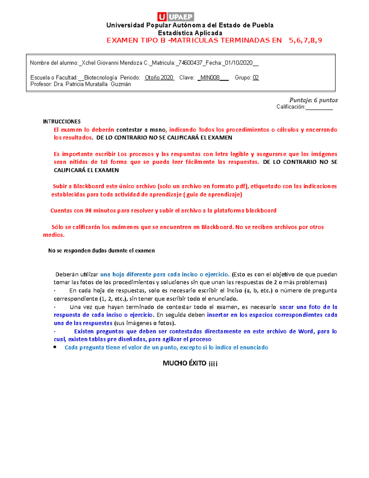 PARCIAL 10 Septiembre 2020, Preguntas - Estadística Aplicada EXAMEN ...