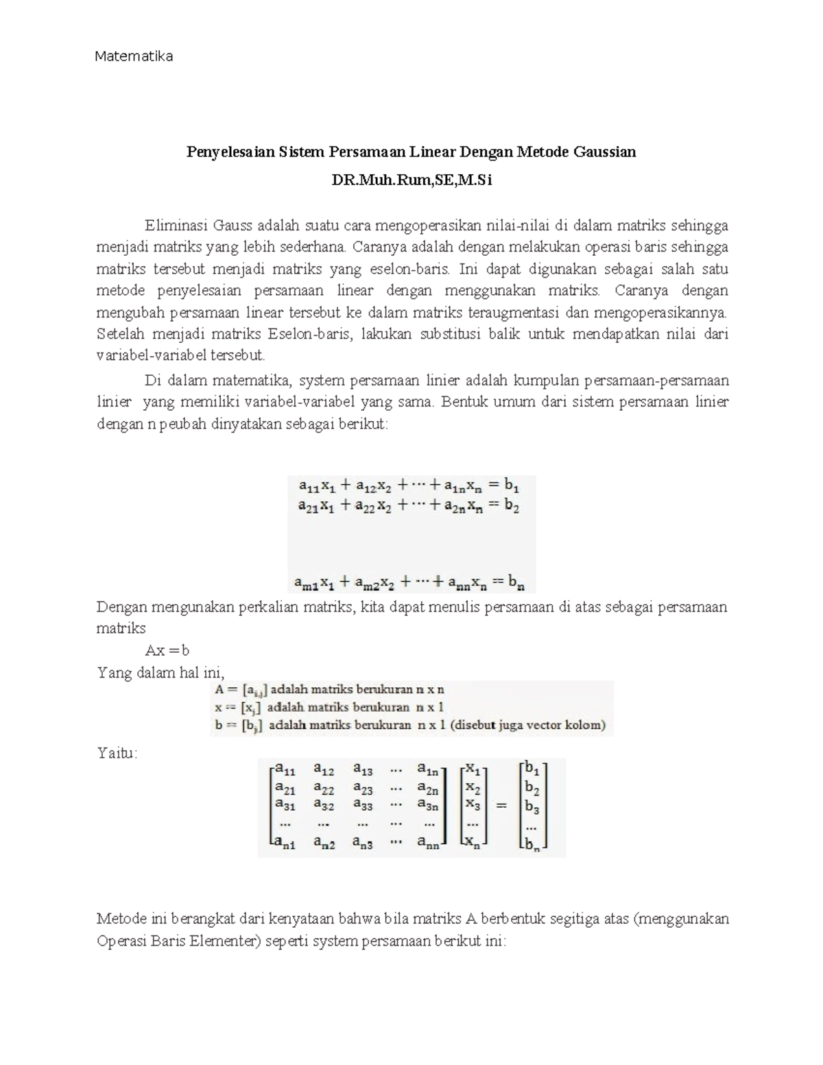 13. Matriks Metode Gaussian - Matematika Penyelesaian Sistem Persamaan ...