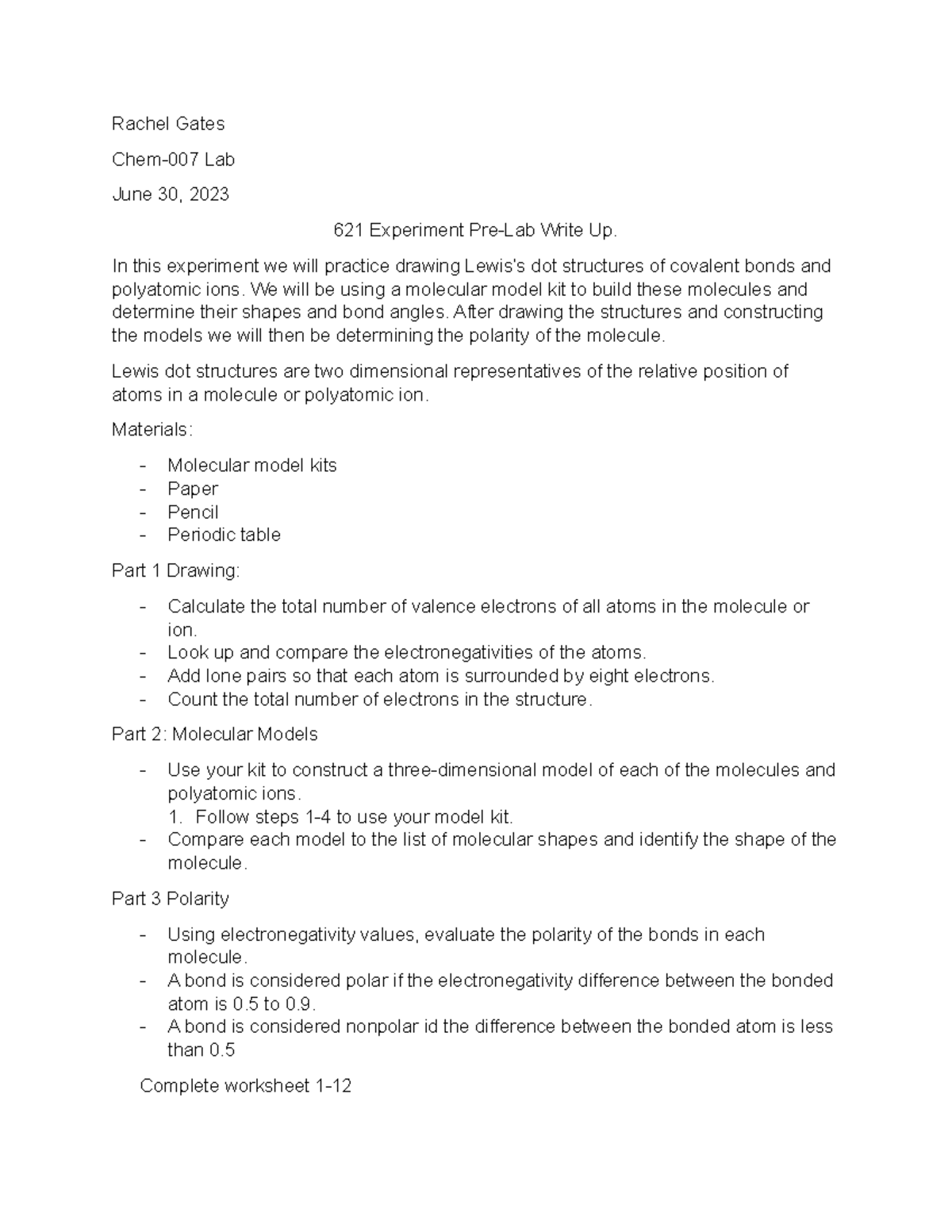 621experimentprewriteup - Rachel Gates Chem-007 Lab June 30, 2023 621 ...