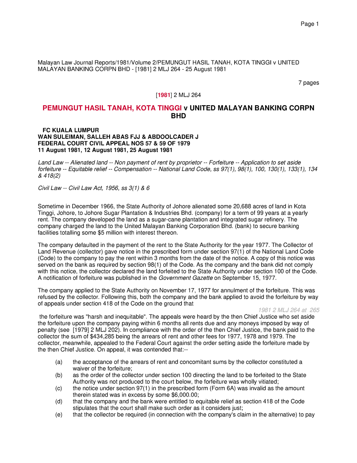 Hasil Pemungut Tanah V Umbc Page 1 Malayan Law Journal Hasil Tanah Kota Tinggi V United Malayan Studocu