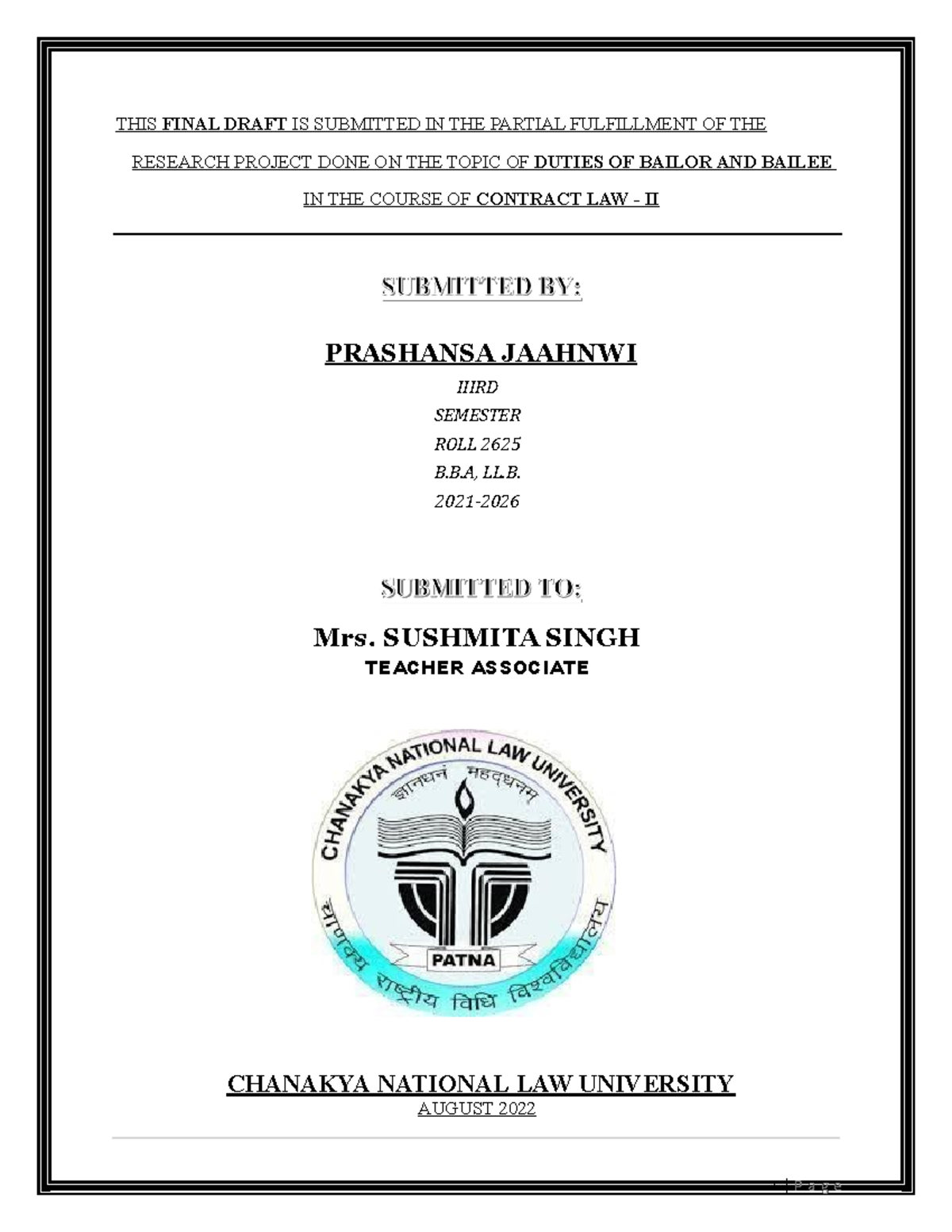 Contract LAW - II FD - THIS FINAL DRAFT IS SUBMITTED IN THE PARTIAL ...