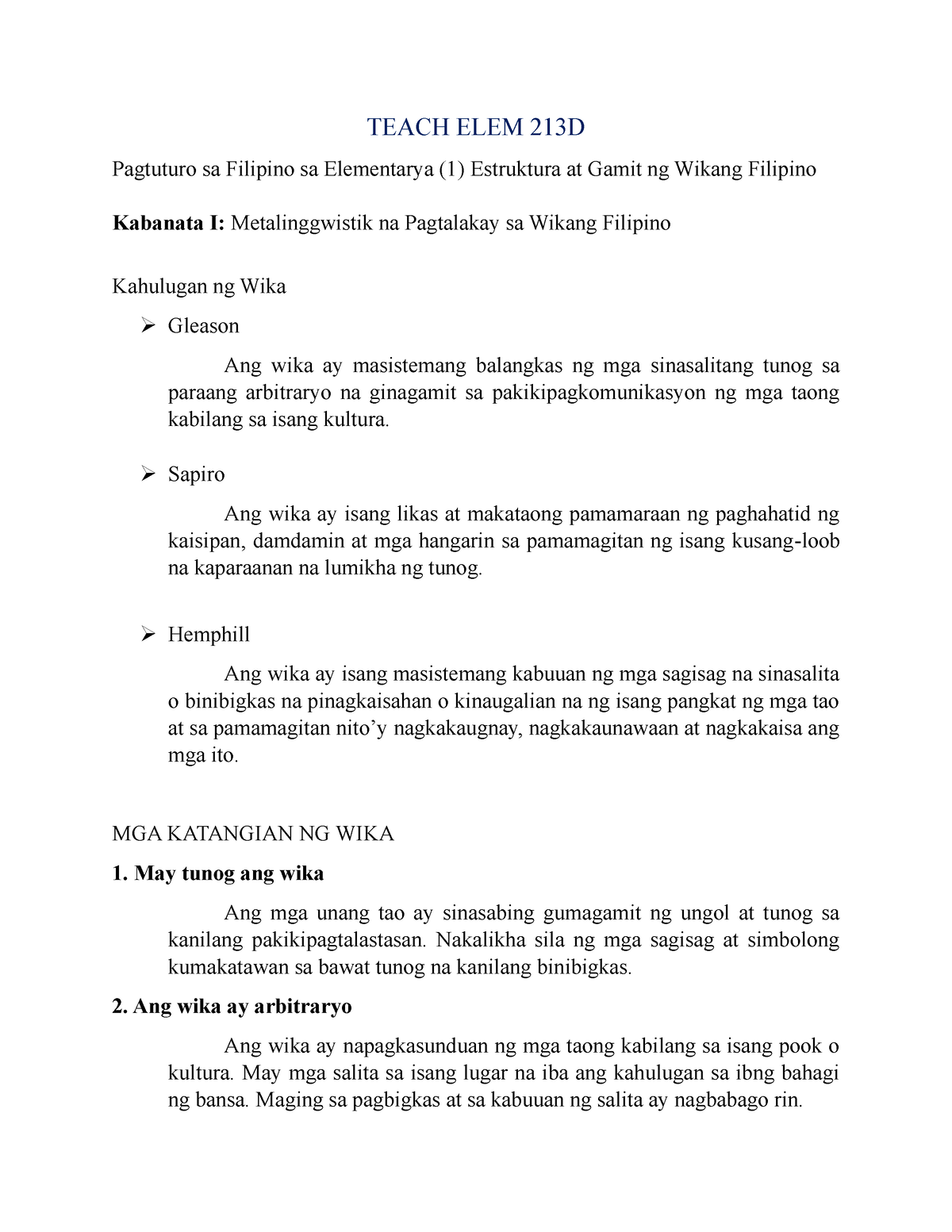 Teach-ELEM-213D - Lecture Notes - TEACH ELEM 213D Pagtuturo Sa Filipino ...