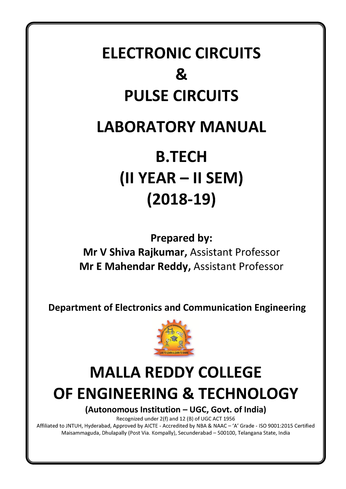 Electronic Circuit 2 And Simulation Lab - ELECTRONIC CIRCUITS & PULSE ...