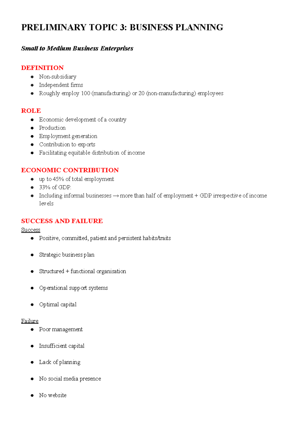 2019 BUS Topic 3 Notes - PRELIMINARY TOPIC 3: BUSINESS PLANNING Small ...