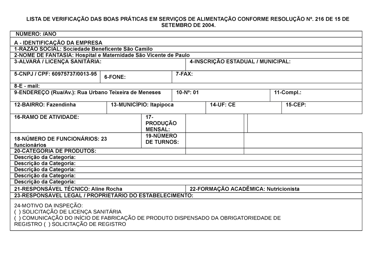 Check list RDC 216 - LISTA DE VERIFICA脟脙O DAS BOAS PR脕TICAS EM SERVI脟OS ...