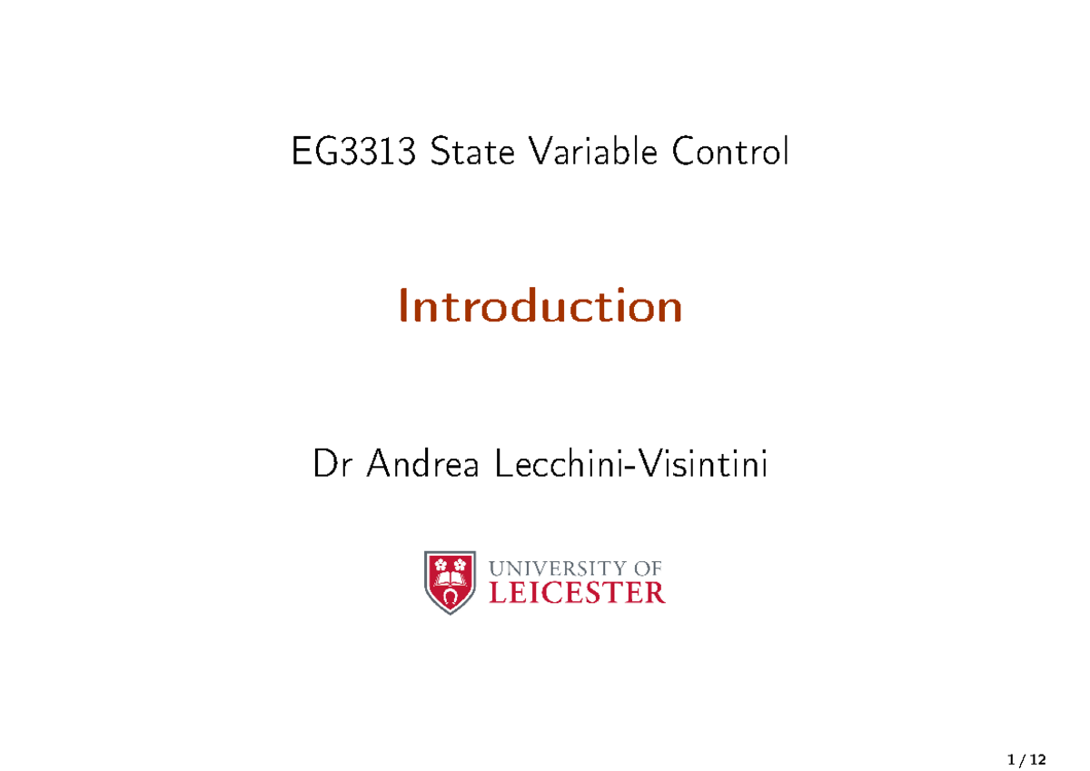 Week 1 - Introduction - Lecture notes 1 - EG3313 State Variable Control ...