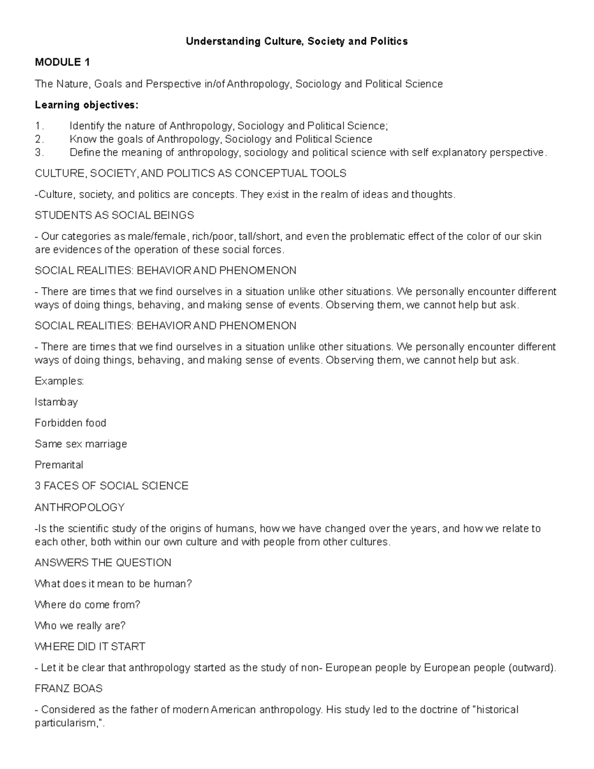 Module 1 - Understanding Culture, Society and Politics MODULE 1 The ...
