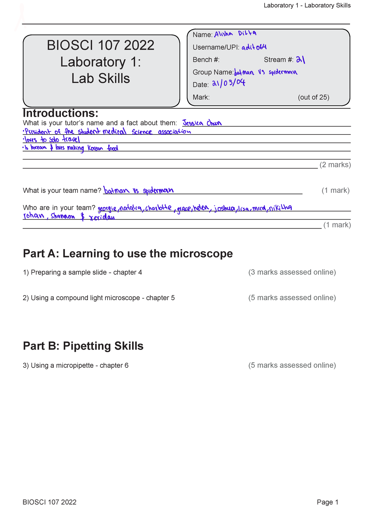 LAB 1 Assignment Sheet - BIOSCI 107 2022 Page 1 Laboratory 1 ...