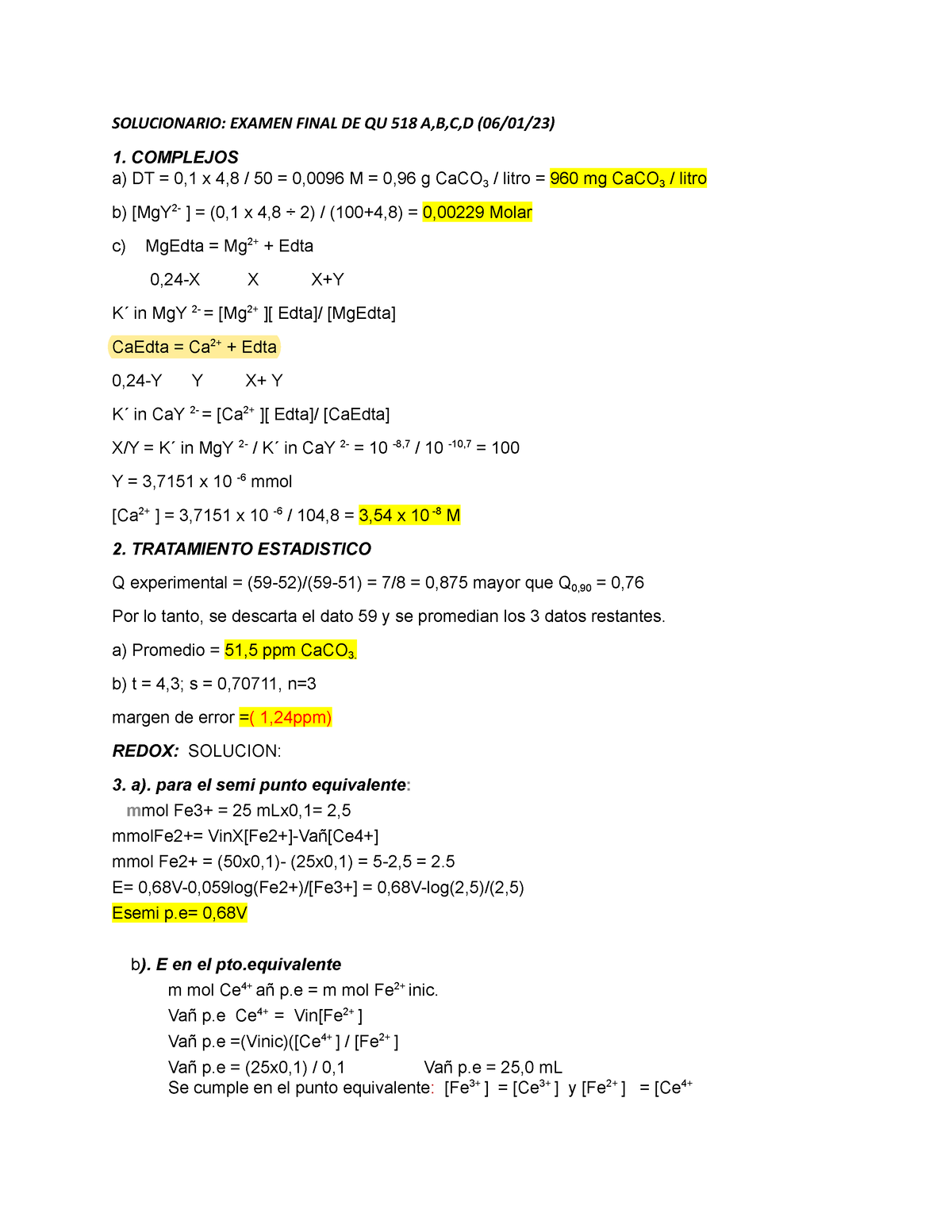 Solucionario Examen Final QU 518 A,B,C,D - SOLUCIONARIO: EXAMEN FINAL ...