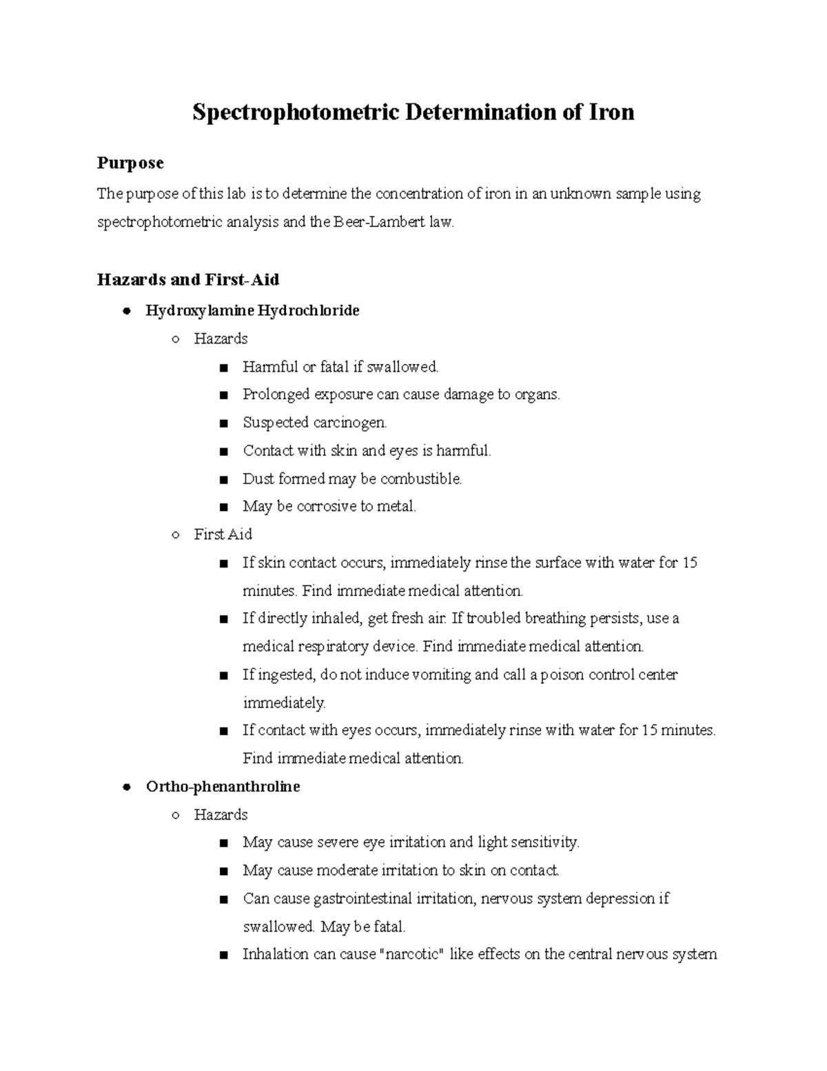 Iron Spectrophotometry PreLab Assignment Spectrophotometric Determination of Iron Purpose