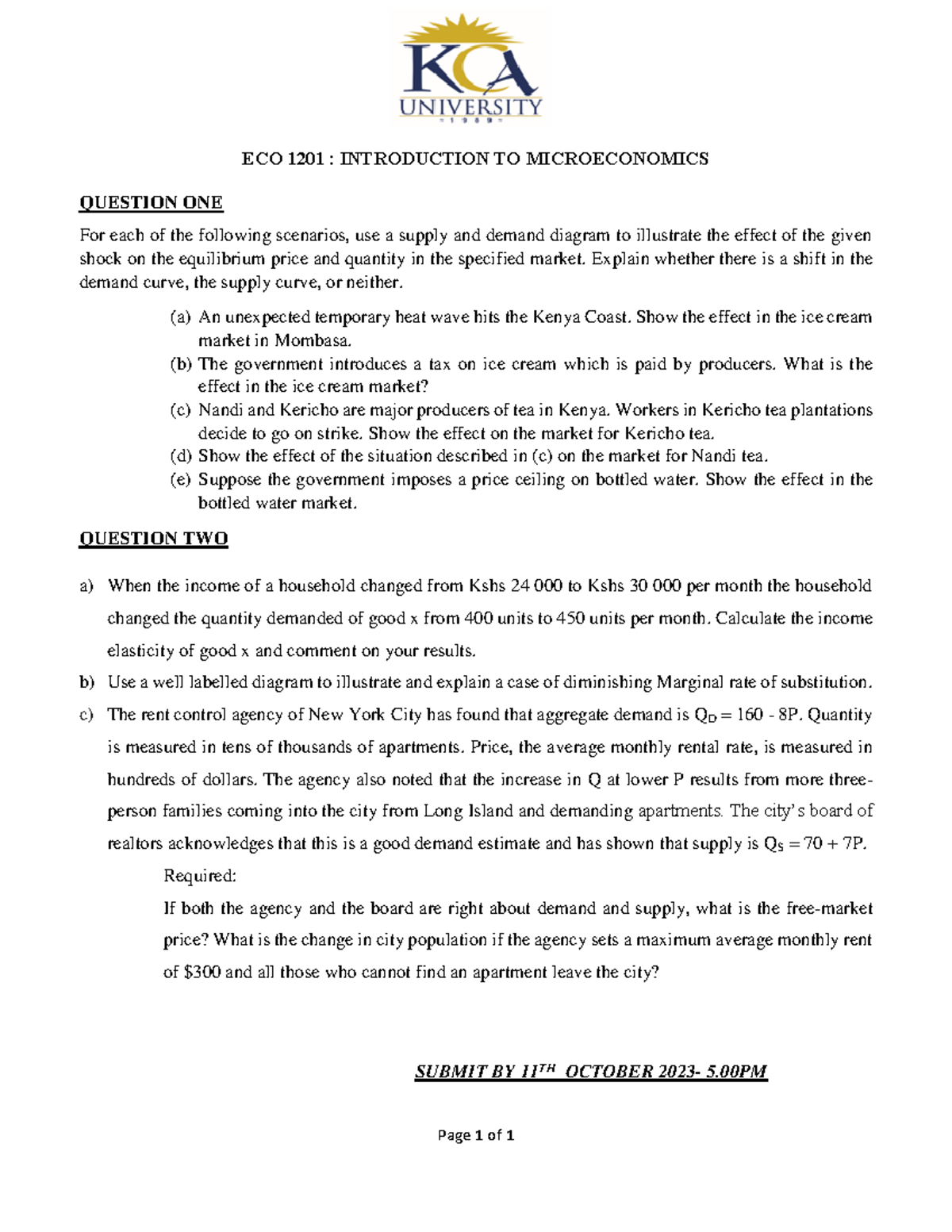 ECO 1201 Introduction TO Microeconomics Assignment 1 - Page 1 Of 1 ECO ...