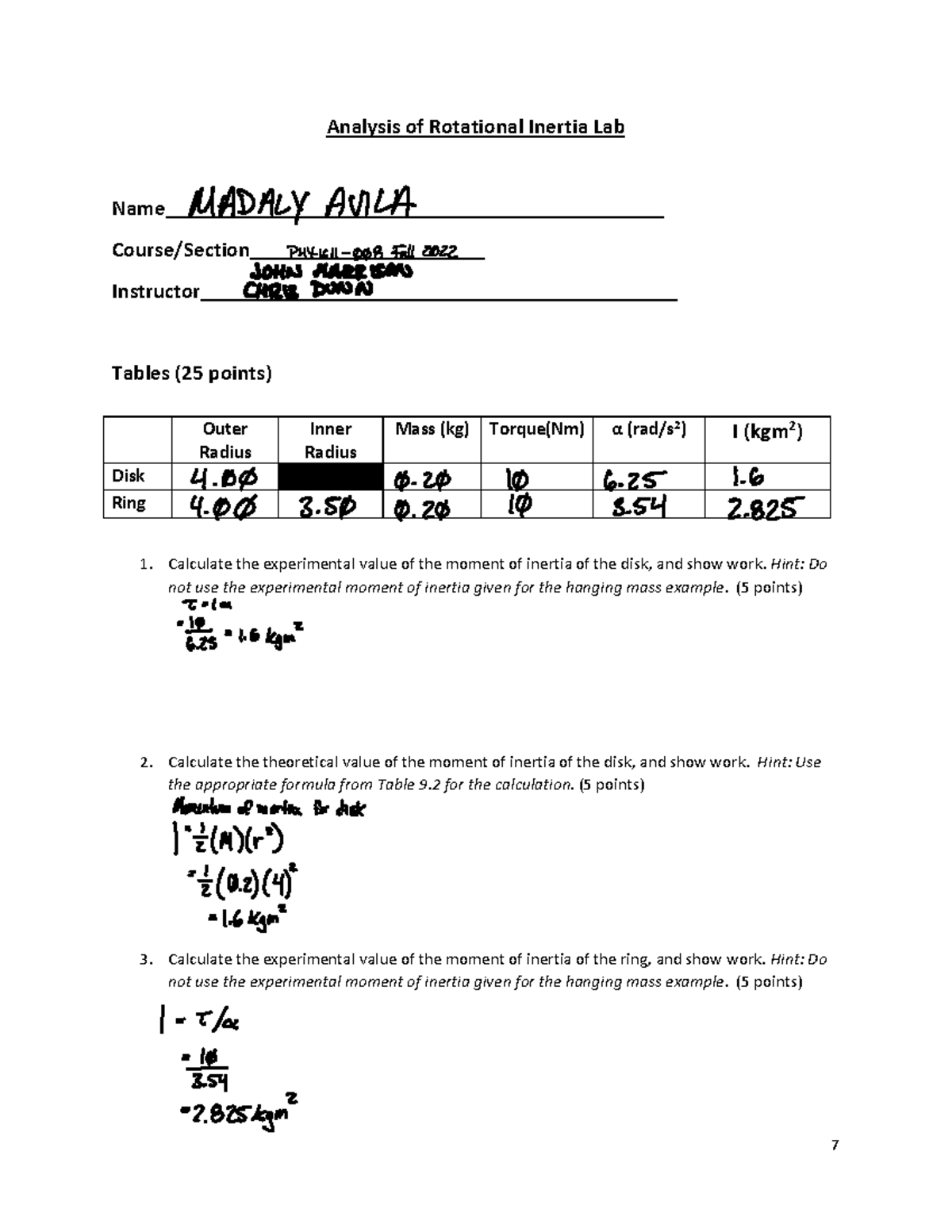 Fall22 Moment of Inertia Lab Online - 7 Analysis of Rotational Inertia ...