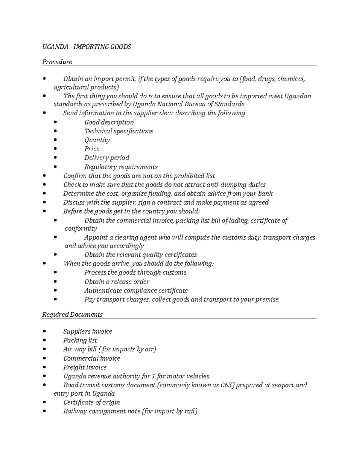 Uganda export import Lecture notes 1 UGANDA IMPORTING GOODS