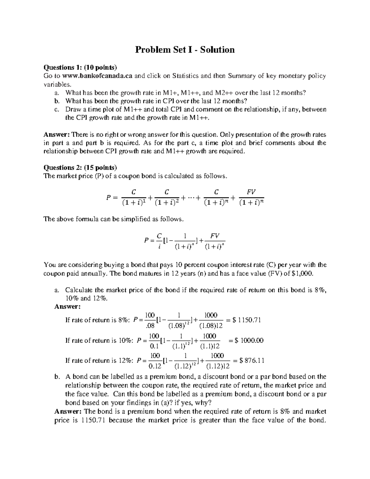 Proble Set I - Solution - Learn - Problem Set I - Solution Questions 1 ...