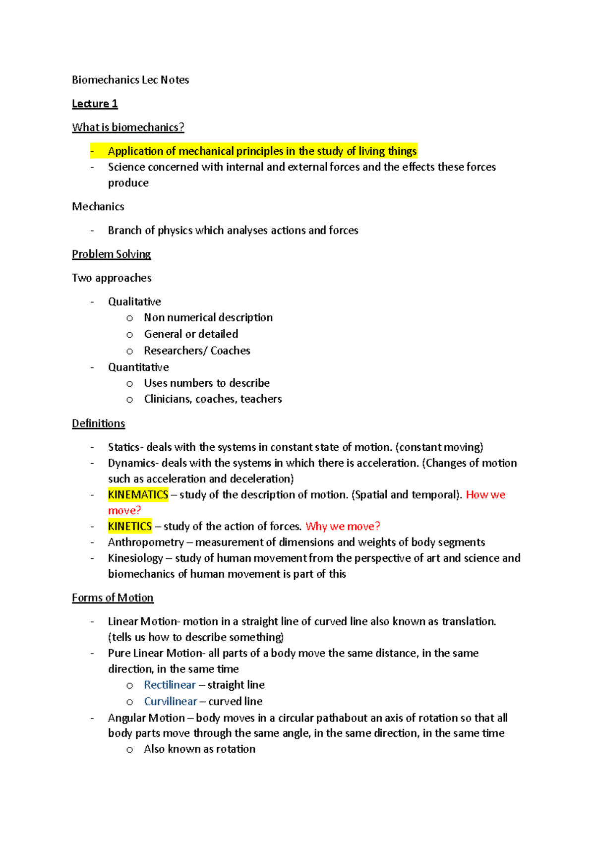 Biomechanics Lecture Notes - Studocu