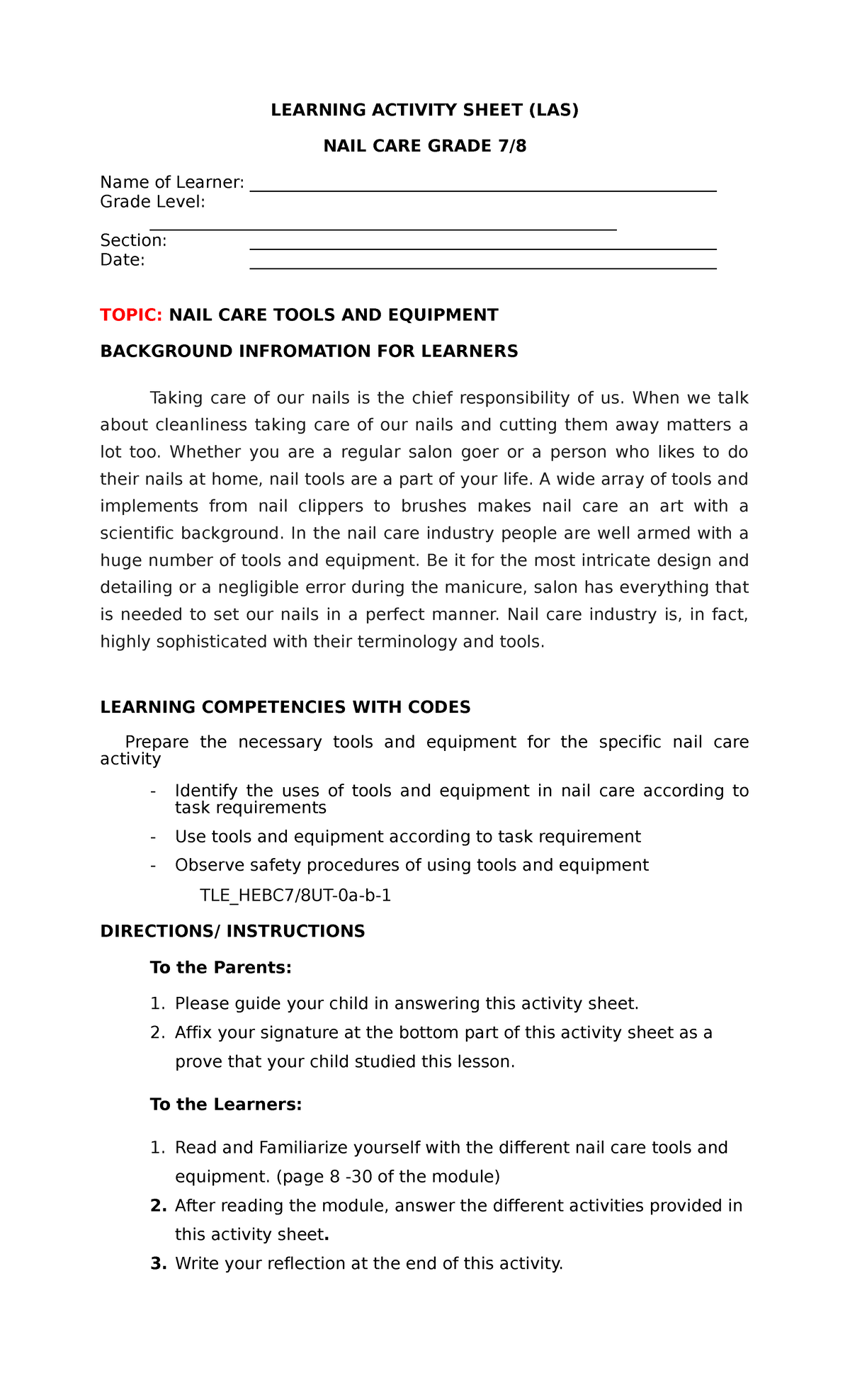 Learning Activity Sheet NAIL CARE LEARNING ACTIVITY SHEET (LAS) NAIL