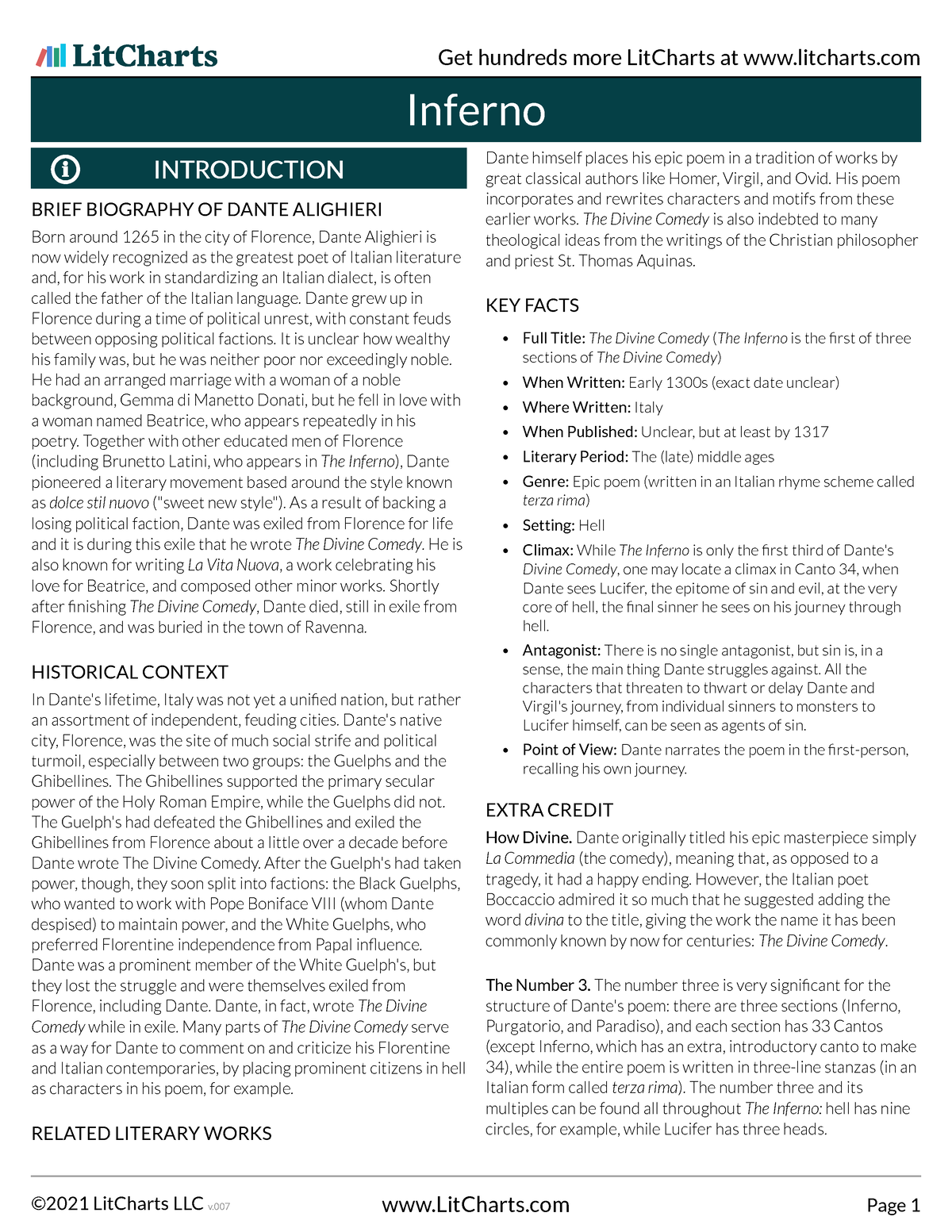 Inferno Lit Chart Inferno BRIEF BIOGRAPHY OF DANTE ALIGHIERI