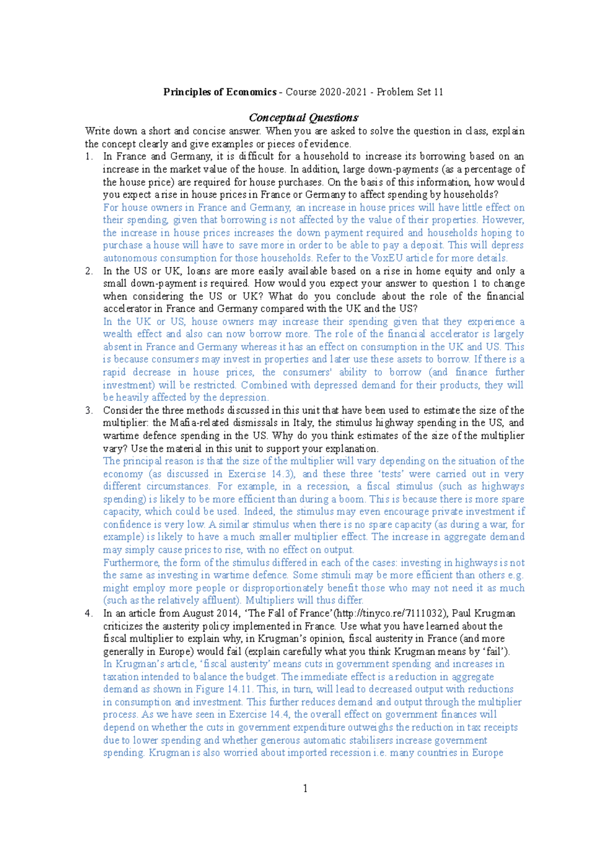 Problem Set 11 Solutions - Principles of Economics - Course 2020-2021 ...