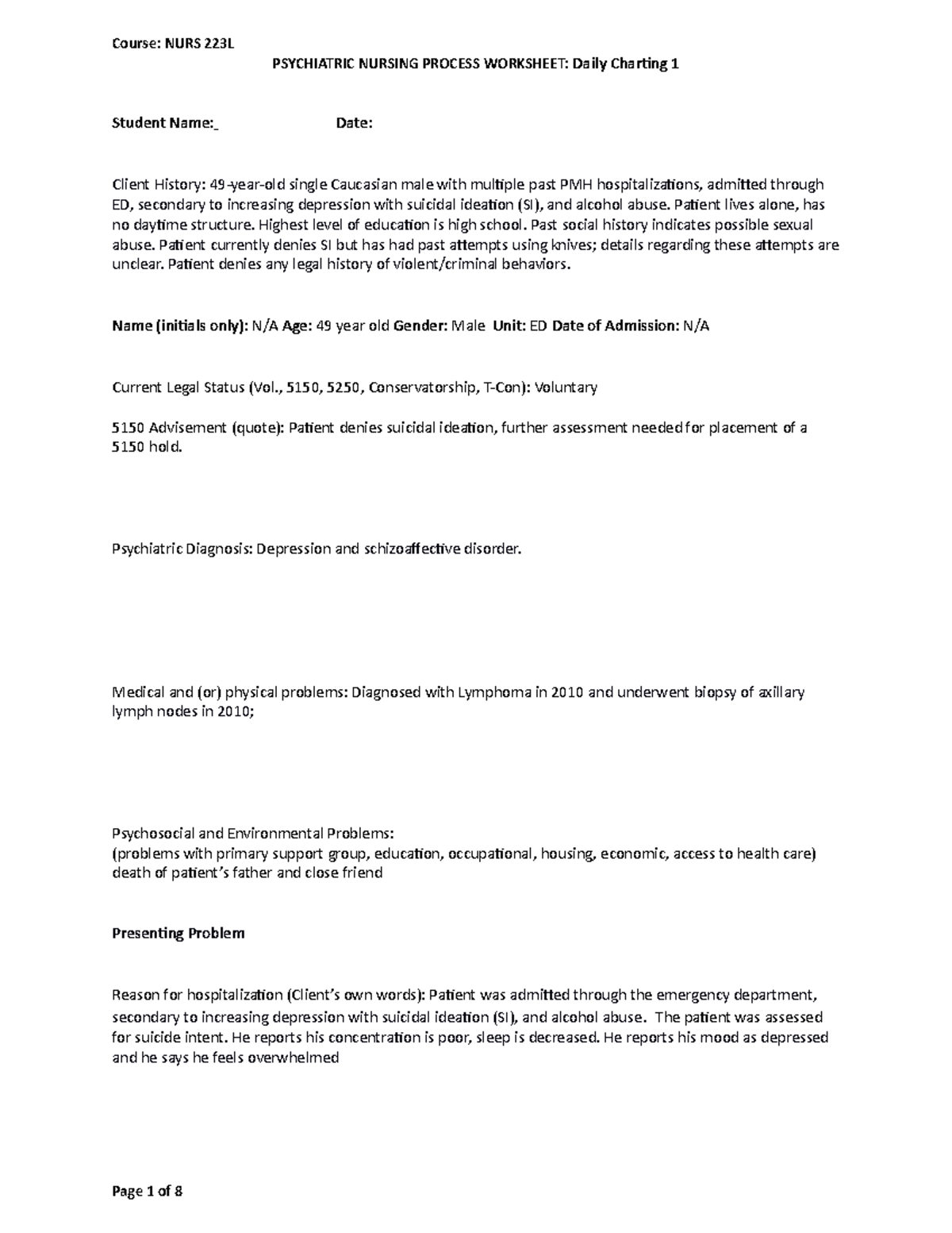 psychiatric nursing process worksheet