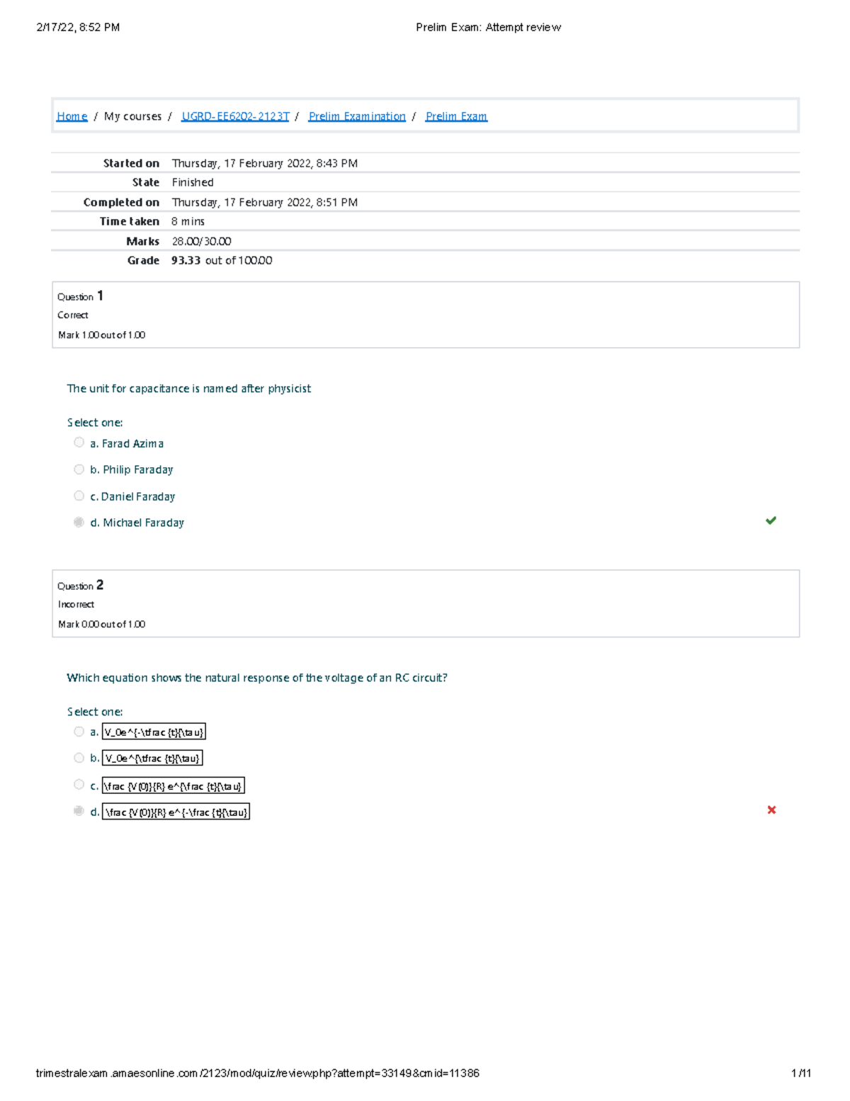 Prelim Exam Attempt review - BS Electronics and Communication ...