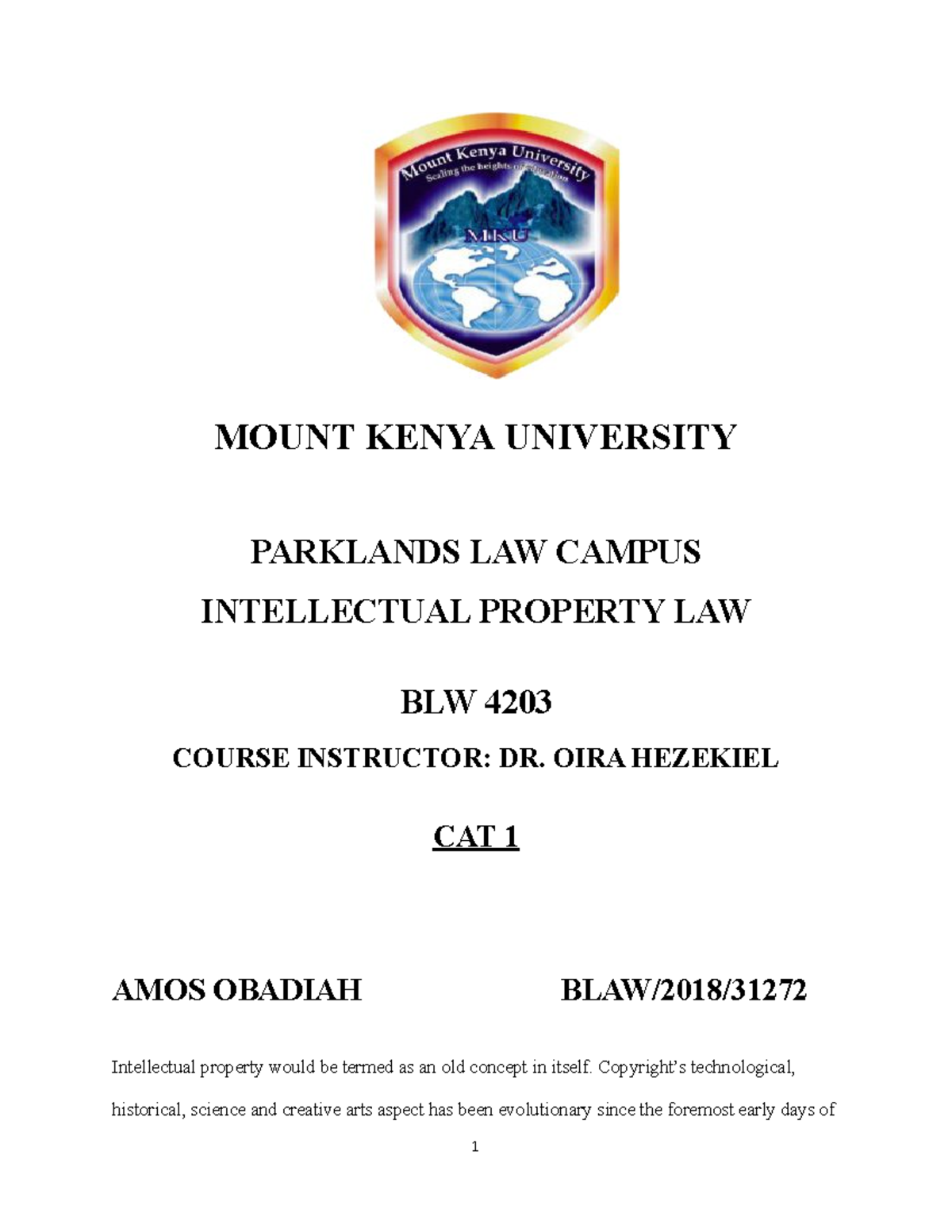 I.P cat 1 takeaway MOUNT KENYA UNIVERSITY PARKLANDS LAW CAMPUS