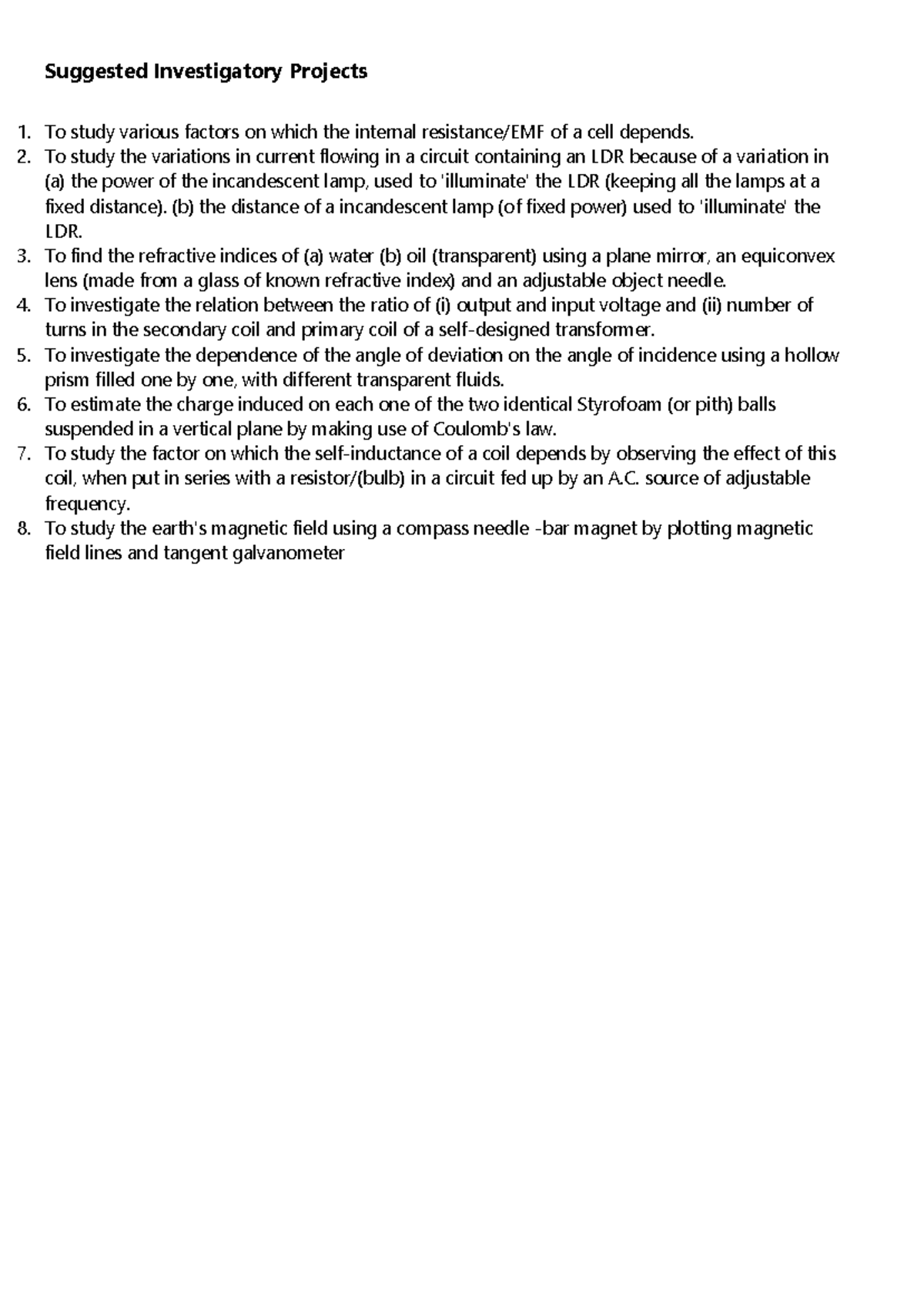 Class 12 Physics Projects Title - Suggested Investigatory Projects To ...