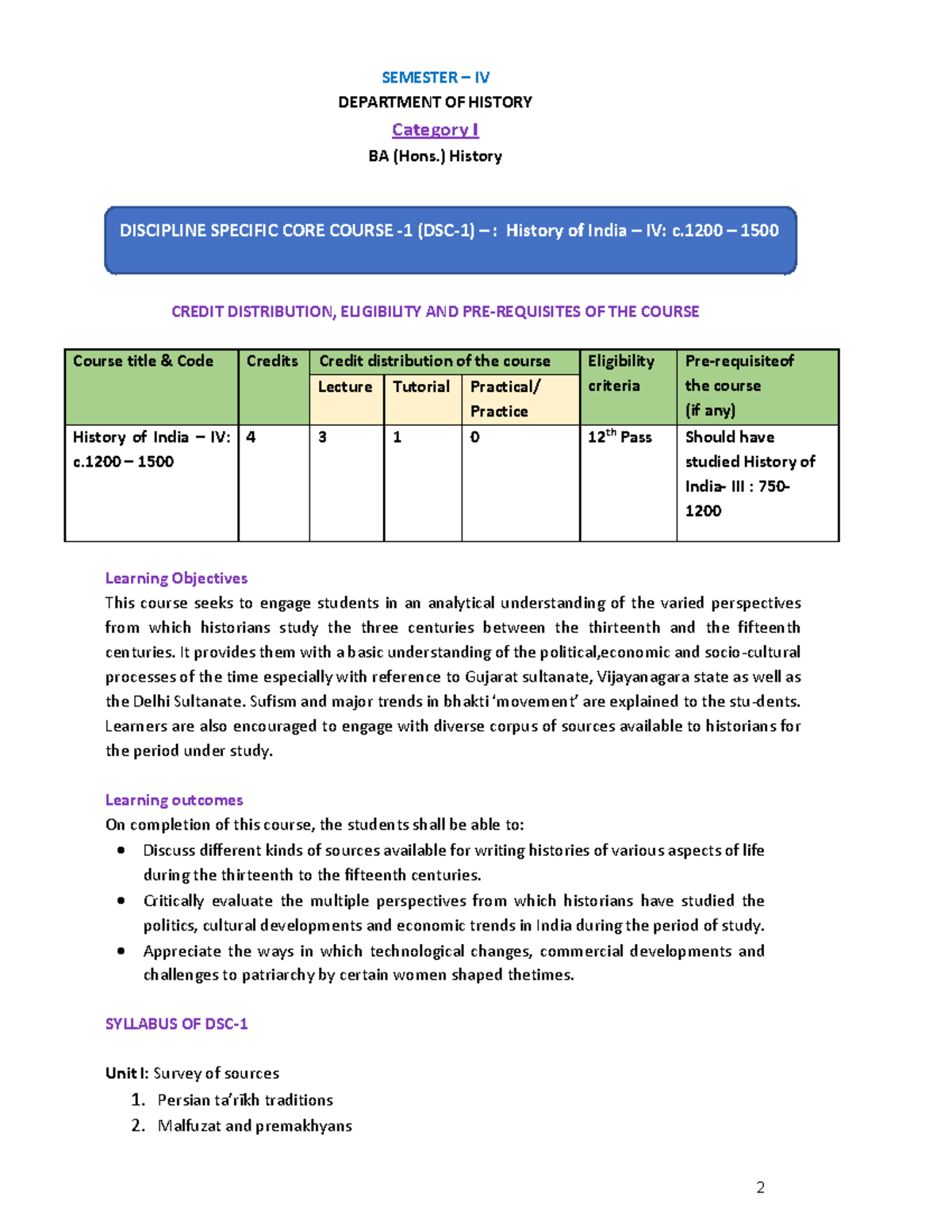 S 4NEP - BA Hons History DU Syllabus. - SEMESTER – IV DEPARTMENT OF ...