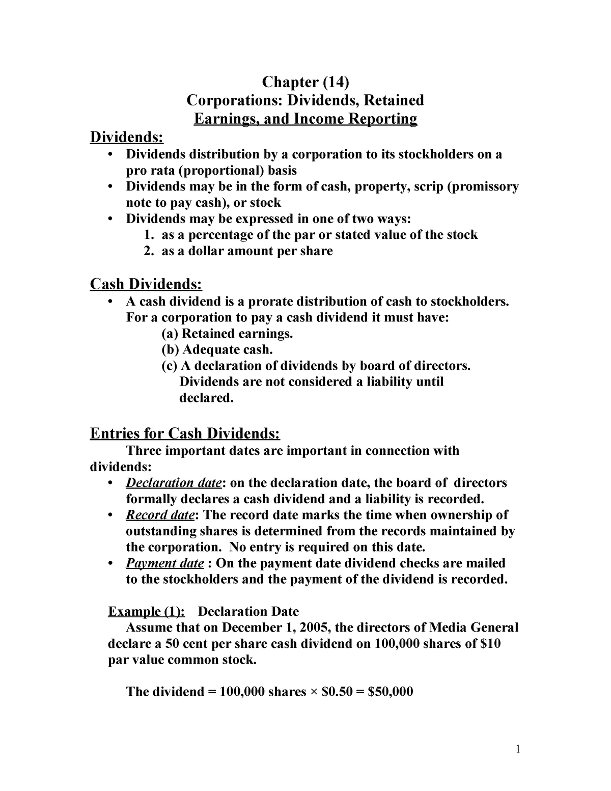 Chapter 14 - Chapter (14) Corporations: Dividends, Retained Earnings ...