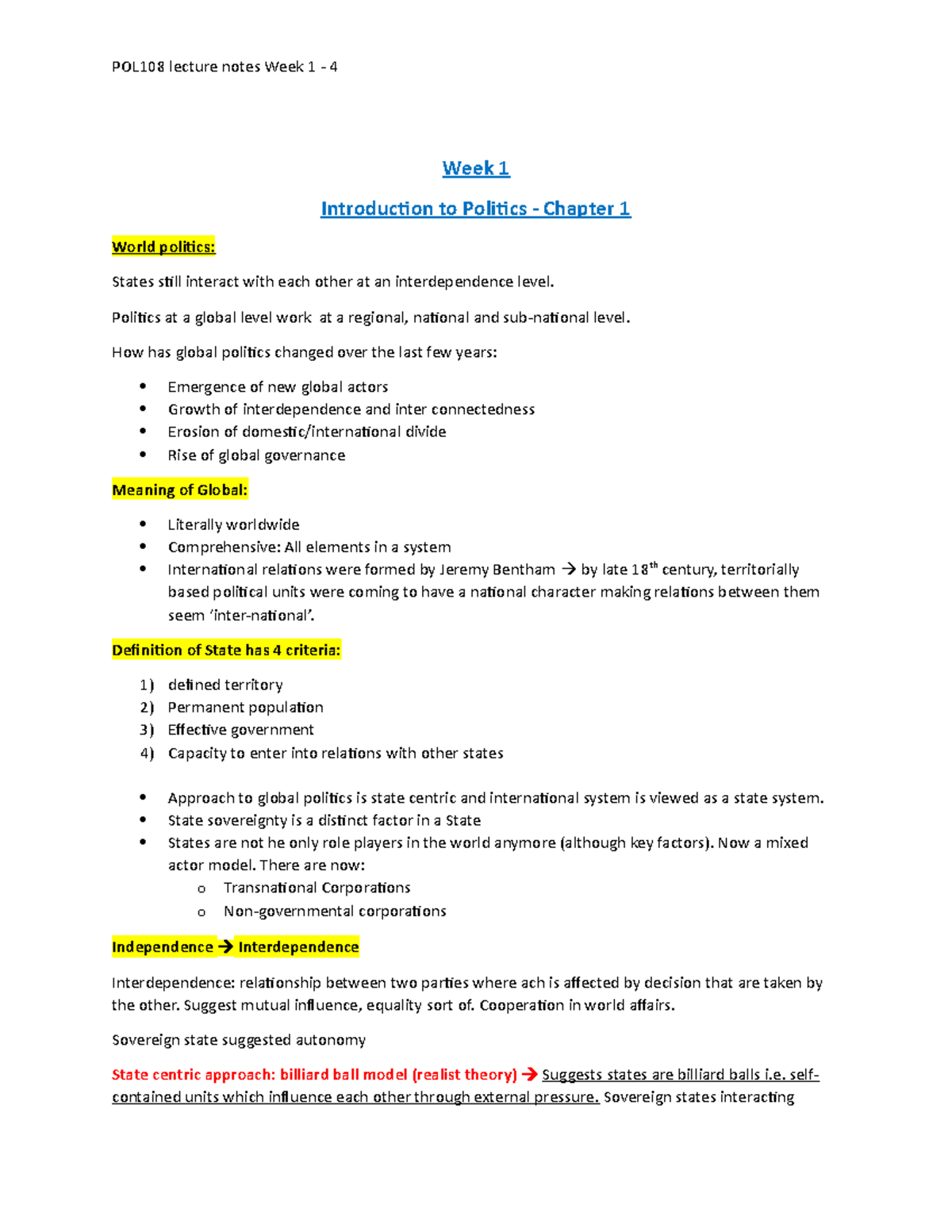 POL108 lecture notes week 1-4 - Week 1 Introduction to Politics ...