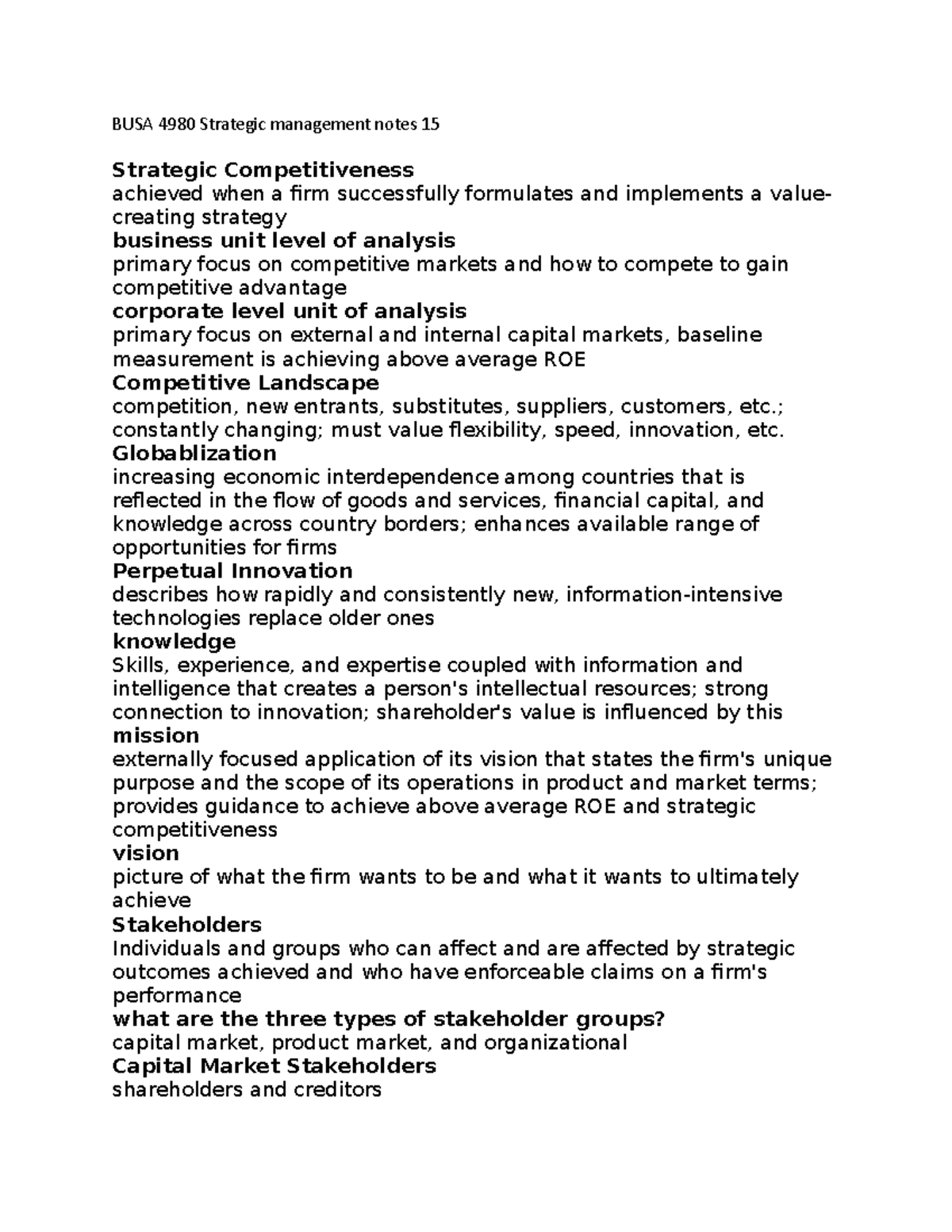 BUSA 4980 Strategic management notes 15 - BUSA 4980 Strategic ...