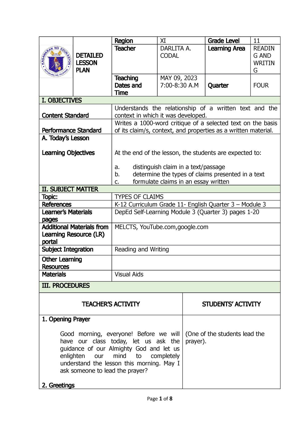 Final DEMO Detailed LP - DETAILED LESSON PLAN Region XI Grade Level 11 ...